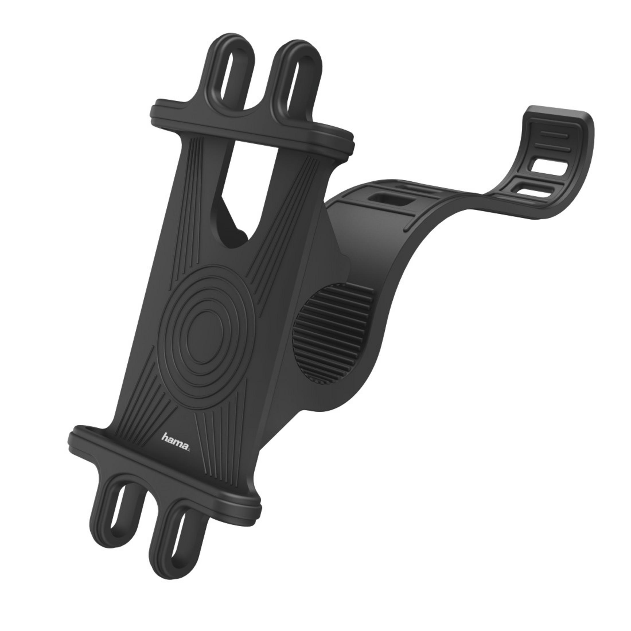 Schwarzer Telefonhalter für einen Fahrradlenker. Marke Hama.