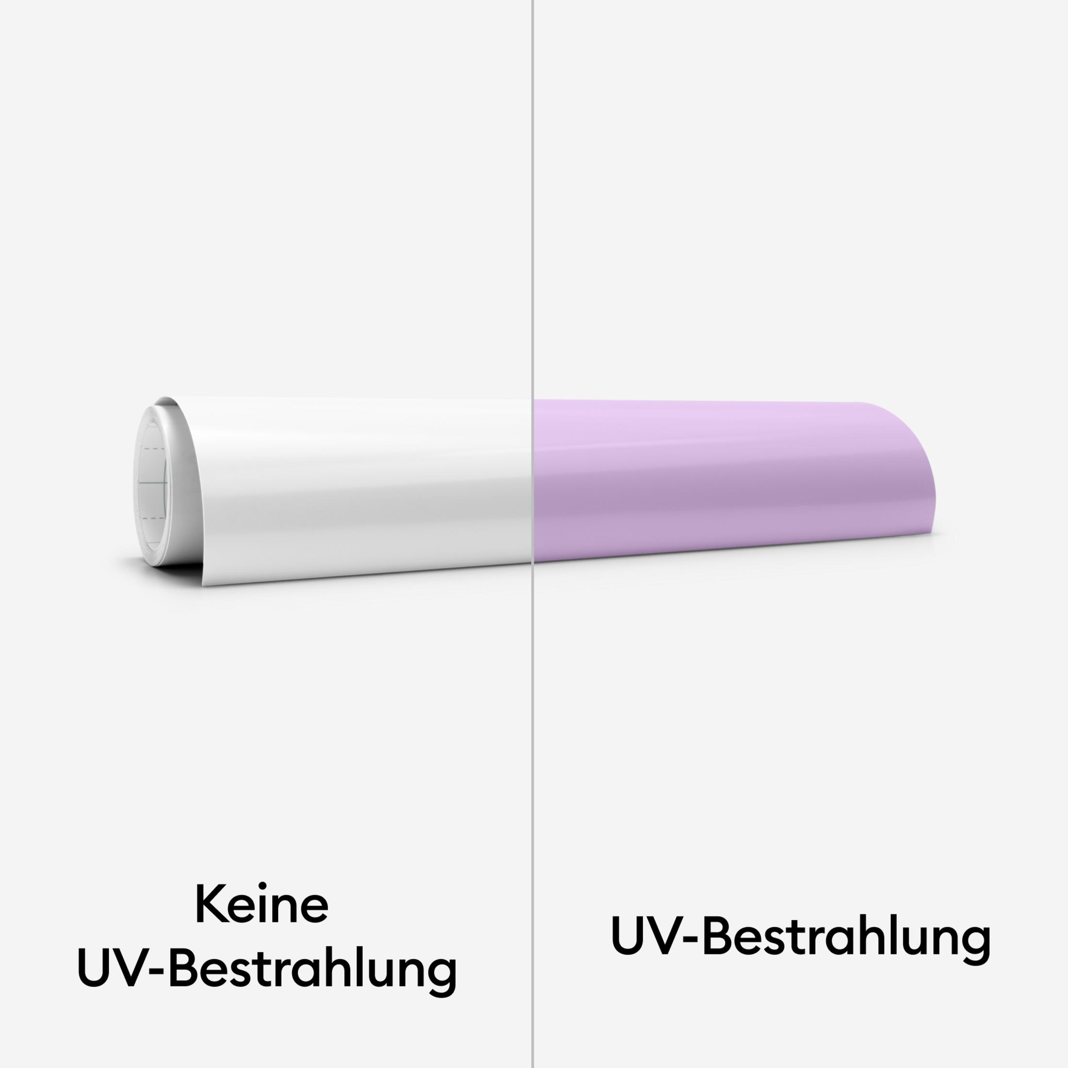Zwei Rollen Geschenkpapier, eine ohne UV, die andere mit UV, vor weißem Hintergrund.