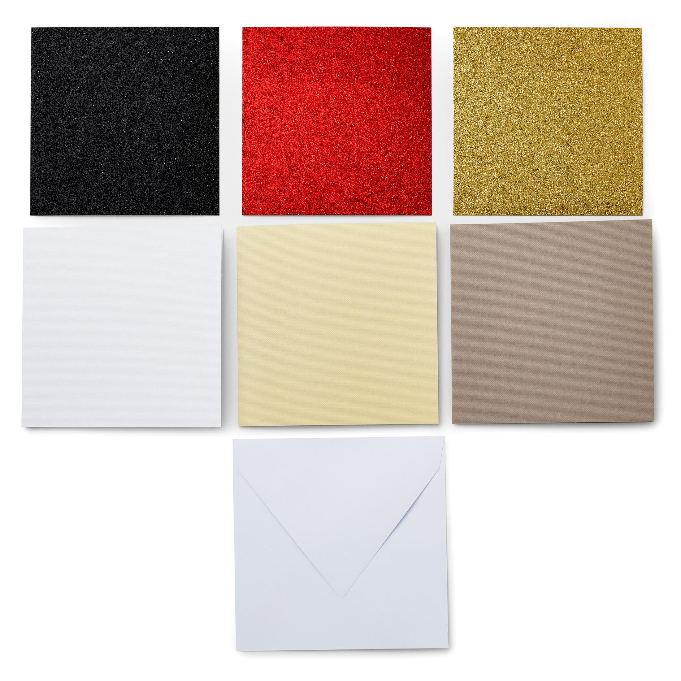 Sechs verschiedenfarbige Glitzer- oder strukturierte Quadrate. Schwarz, Rot, Gold, Weiß, Gelb und Braun.