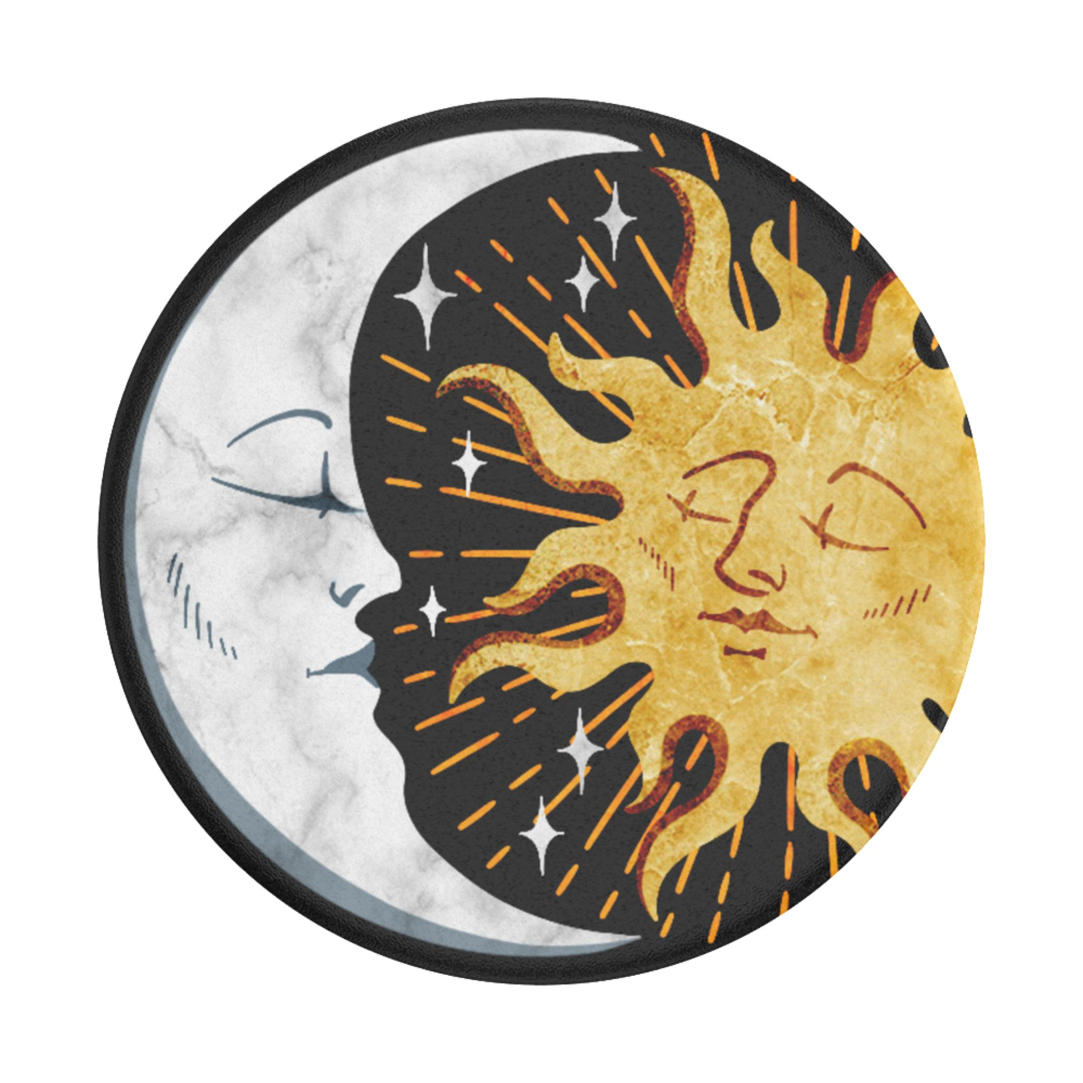 Kreisförmiges Design von sich küssender Sonne und Mond vor schwarzem Hintergrund mit Sternen.