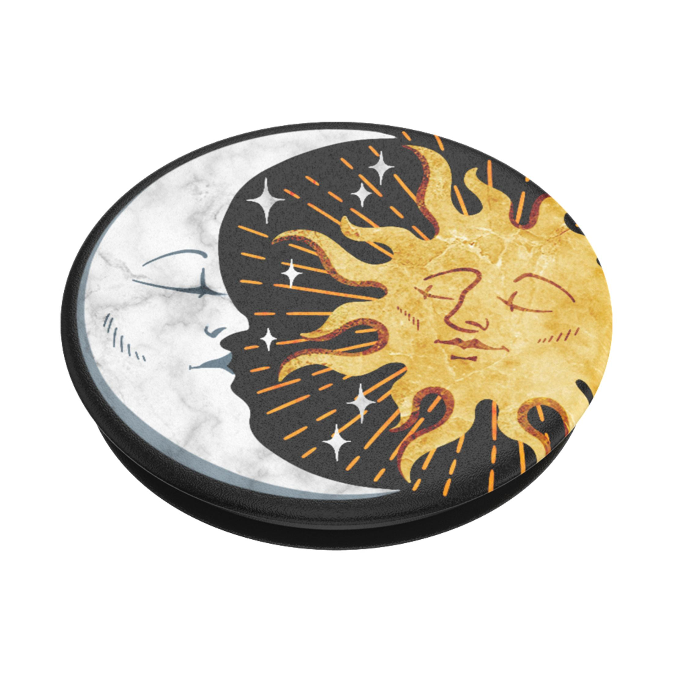 Ein PopSocket mit Sonne-Mond-Design auf schwarzer kreisförmiger Basis.