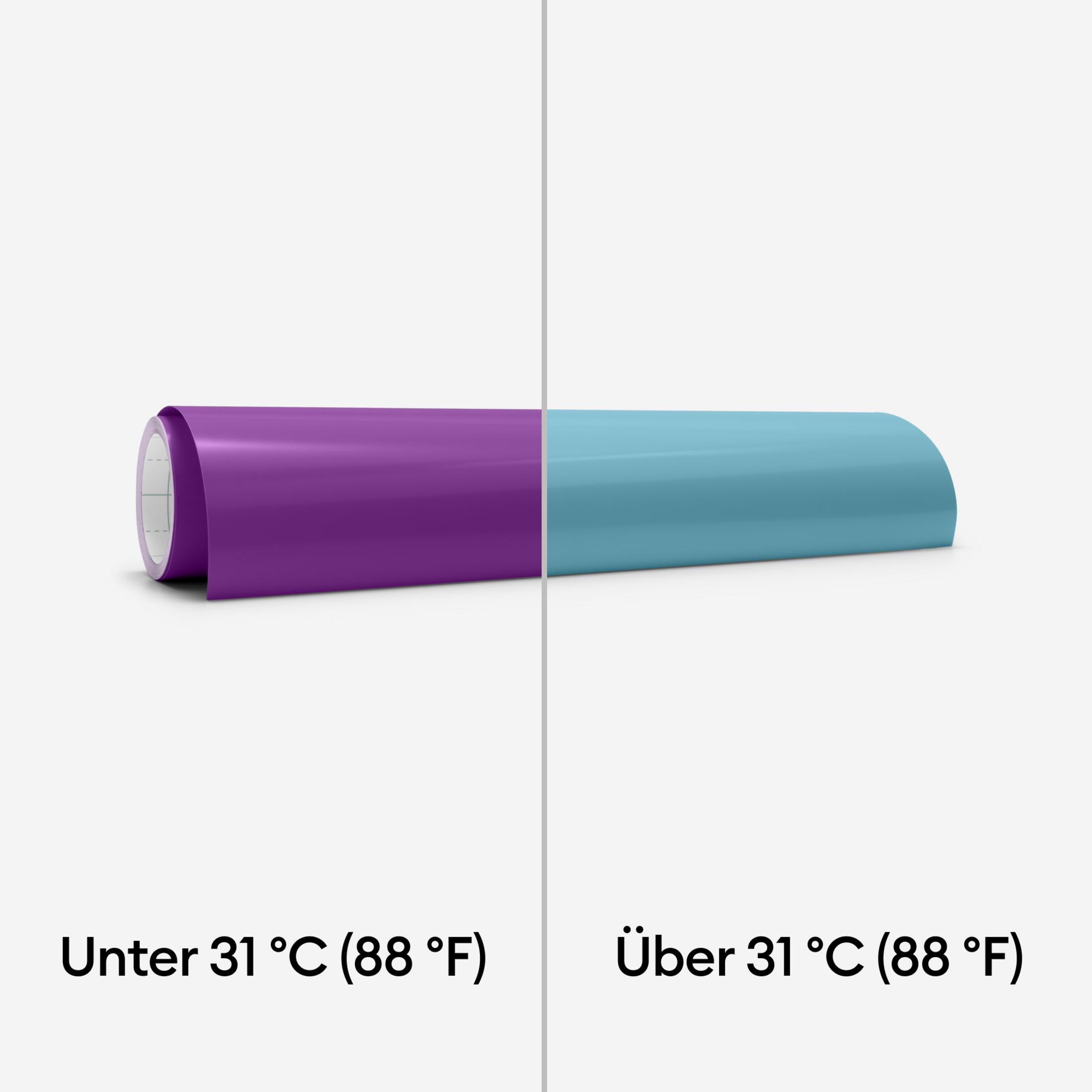Rolle aus violettem und blauem wärmeaktivem Vinyl. Text zeigt Farbänderung.