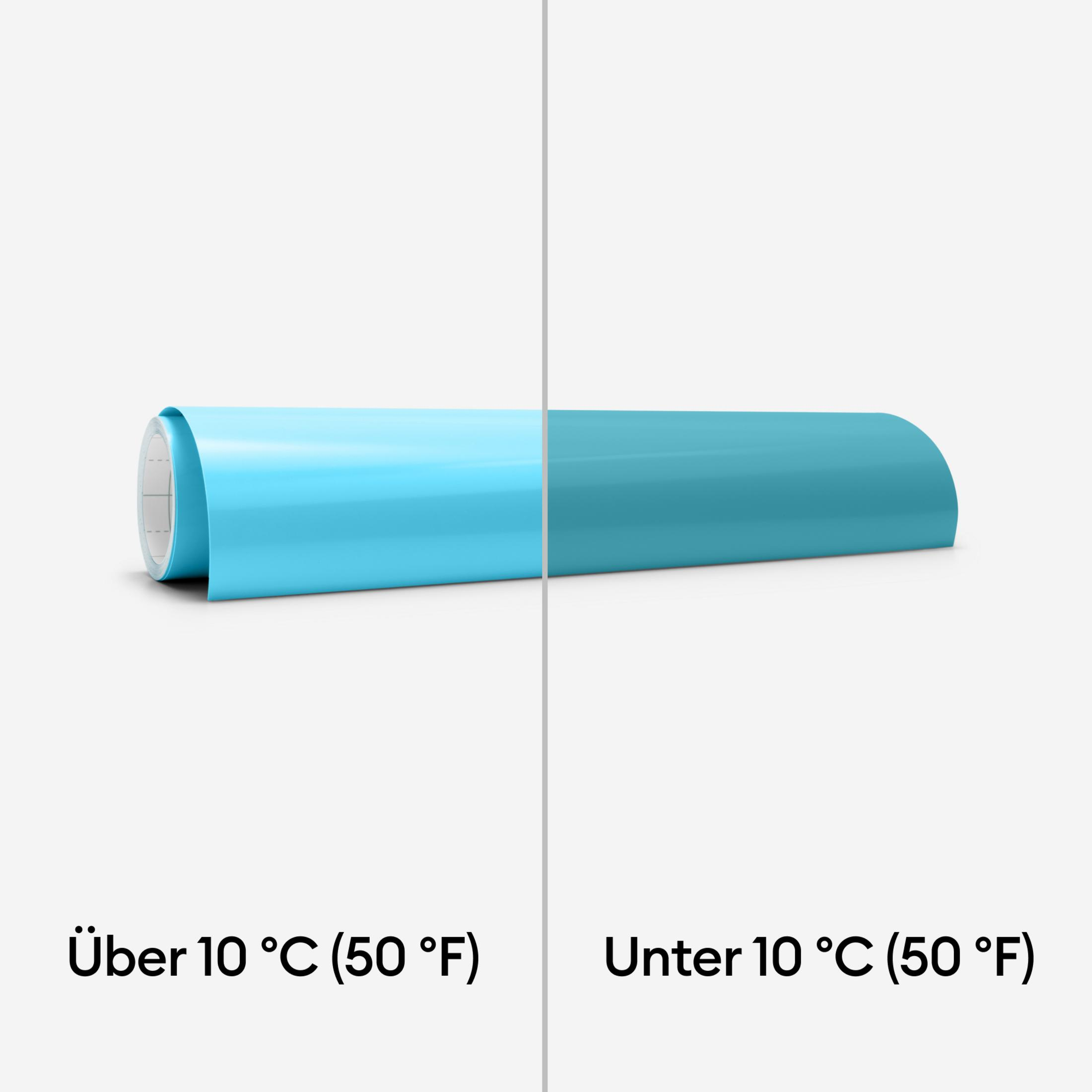 Hellblaue Vinylrolle mit Temperaturangaben: "Über 10 °C (50 °F)" und "Unter 10 °C (50 °F)".
