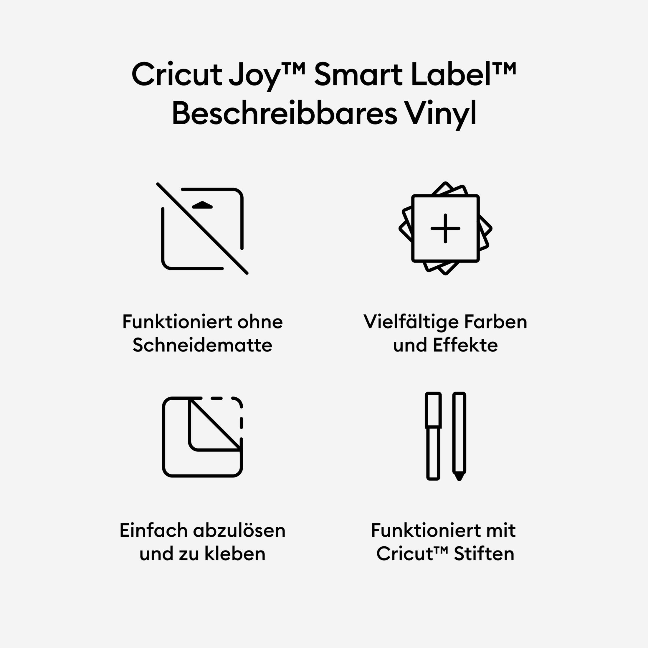Cricut Joy Smart Label Vinyl Produktbild mit Symbolen und Text auf Deutsch.