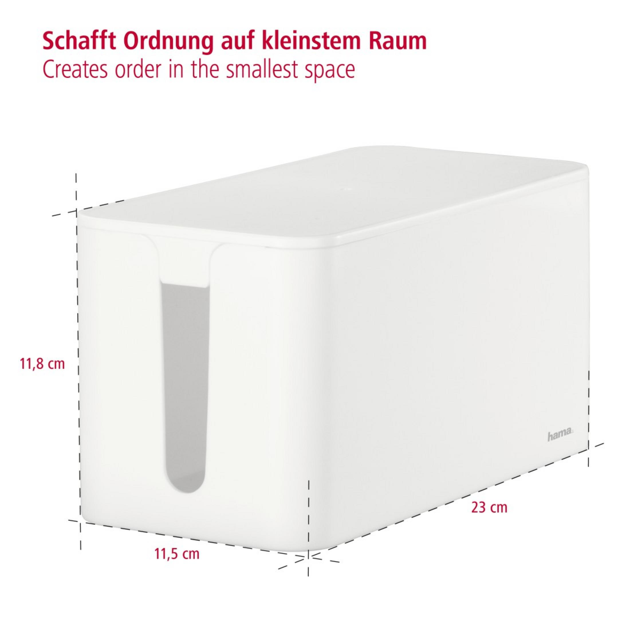 Weiße Kabelbox mit Abmessungen. Text auf Deutsch: Schafft Ordnung auf kleinstem Raum.