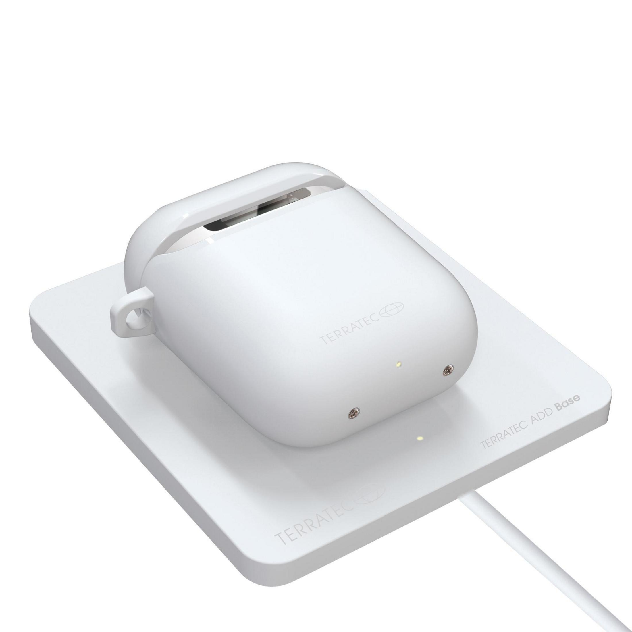Weiße Ladestation mit weißem Pod. Der Pod ist geöffnet, und ein Kabel ist angeschlossen.