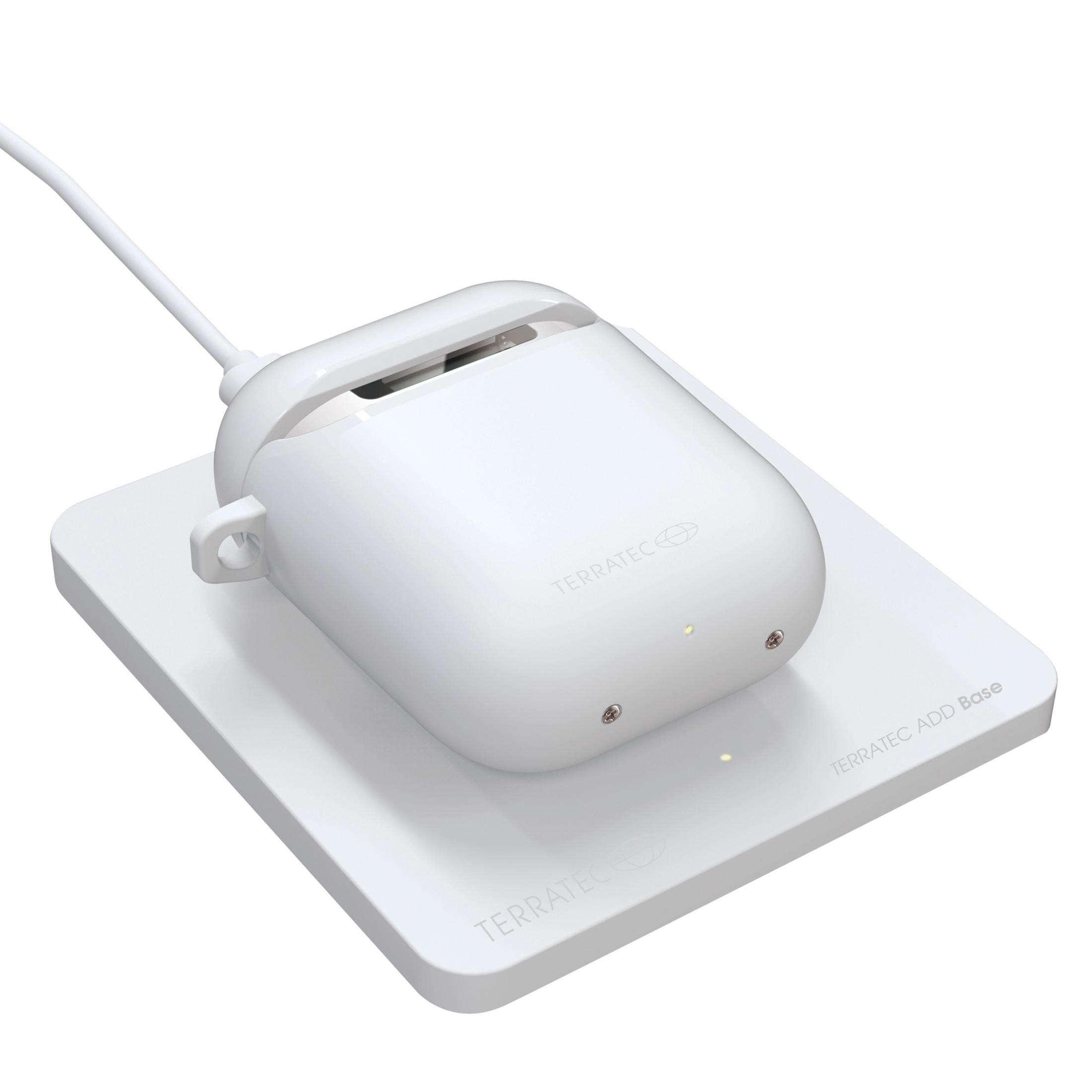 Weißes kabelloses Ladegerät mit weißem Ladecase, mit 'TERRATEC'-Logo und weißem Kabel.