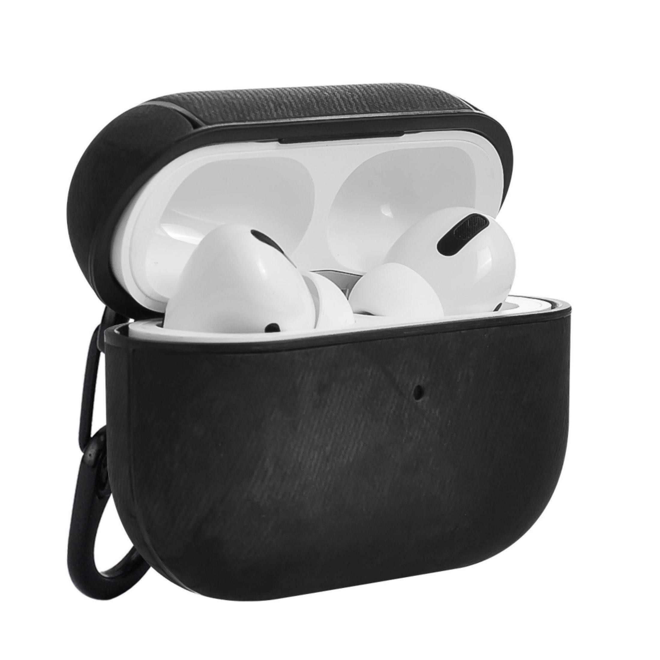 Schwarzes Etui mit weißen Ohrhörern darin, mit einer schwarzen Schlaufe an der Seite.
