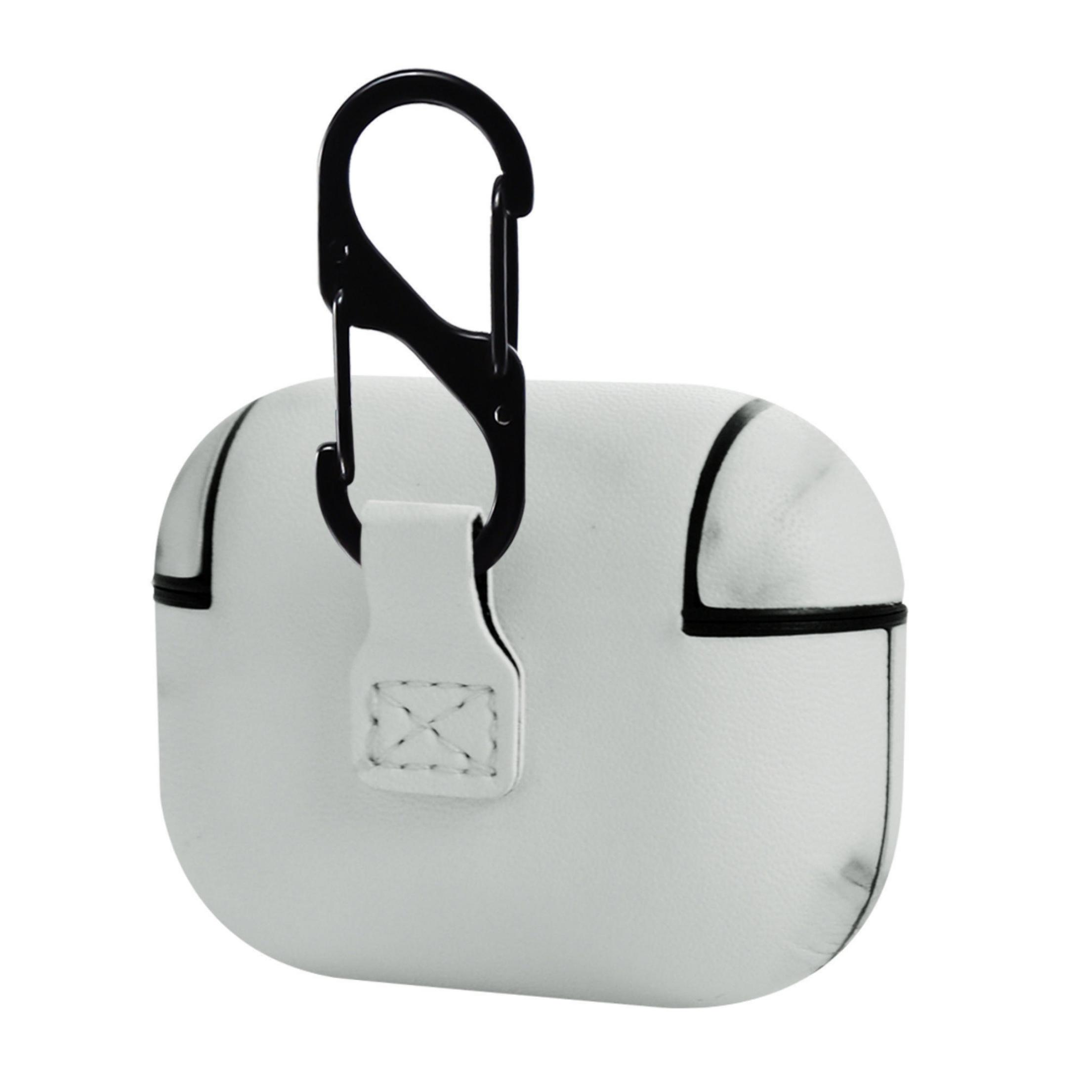 Weißes AirPods-Etui mit Marmormuster und schwarzem Karabiner. Schwarze Zierleiste umrandet das Etui.