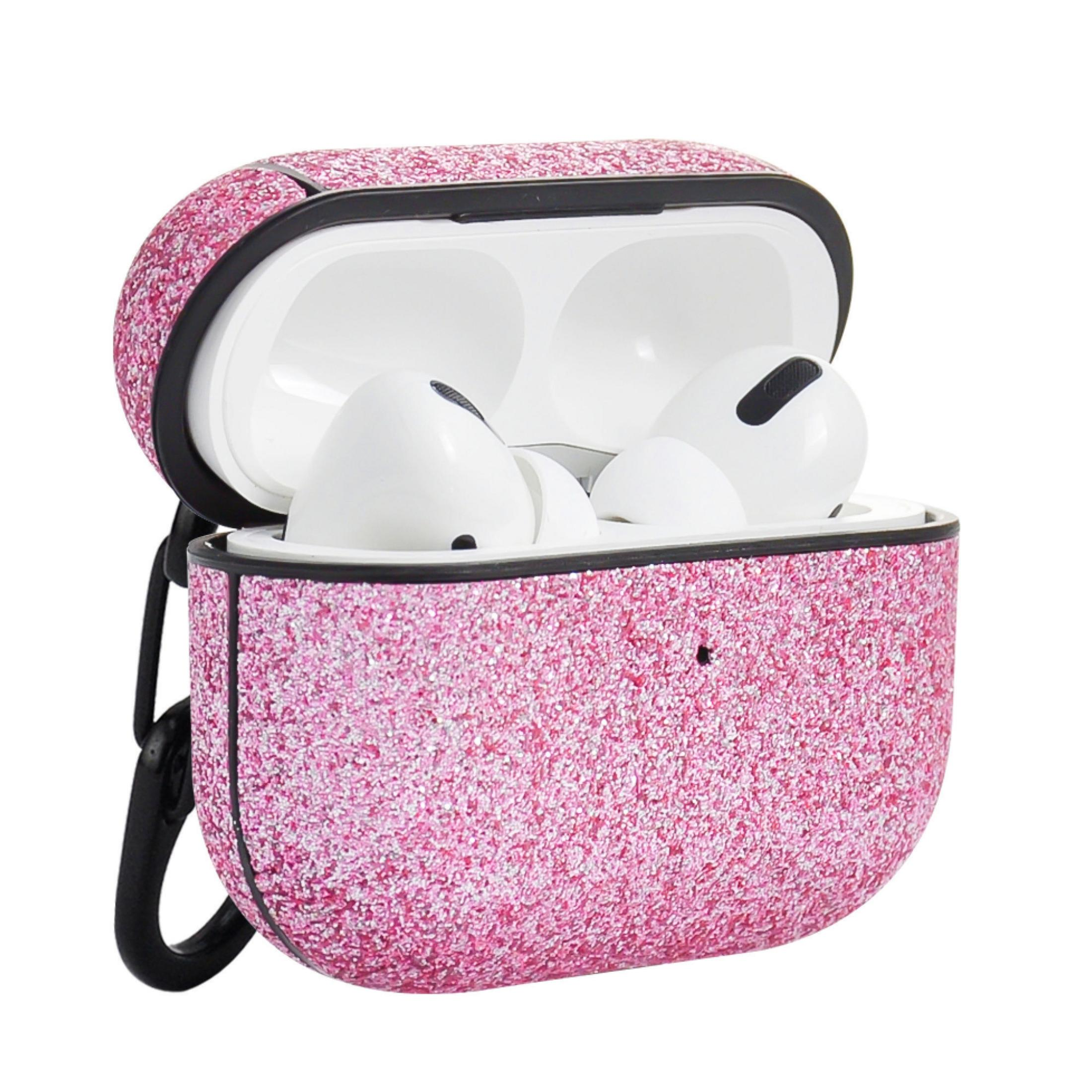 Rosa glitzerndes AirPods Pro-Etui. Geöffnet, zeigt die AirPods. Weißer Hintergrund.