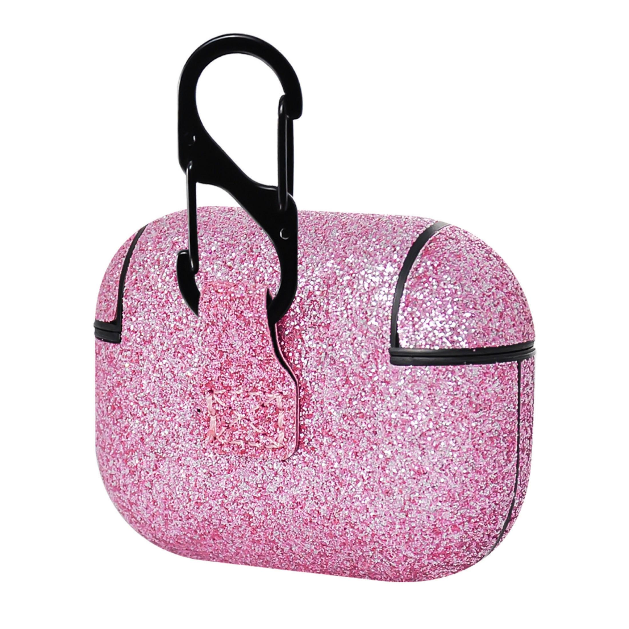Rosa glitzerndes AirPods-Etui mit schwarzem Clip und Zierleiste. Auf weißem Hintergrund isoliert.