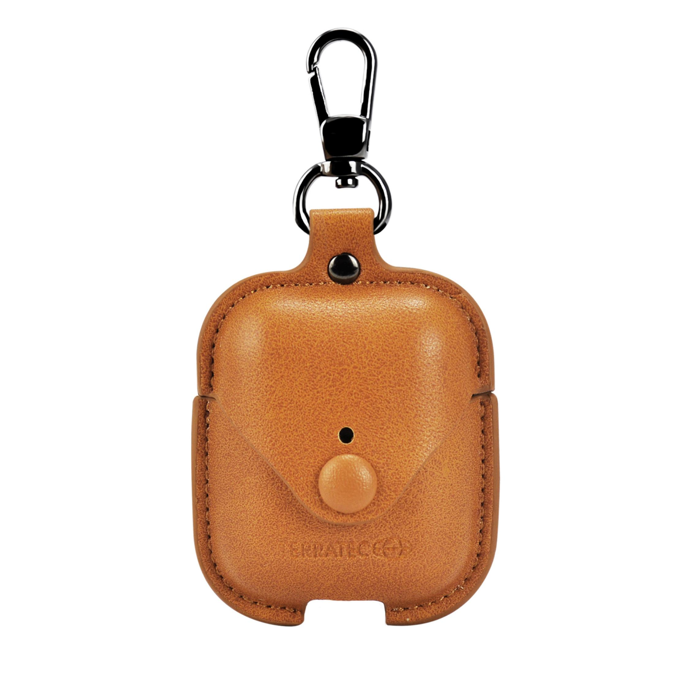 Braunes Leder-AirPods-Case mit Knopfverschluss und Metallverschluss.