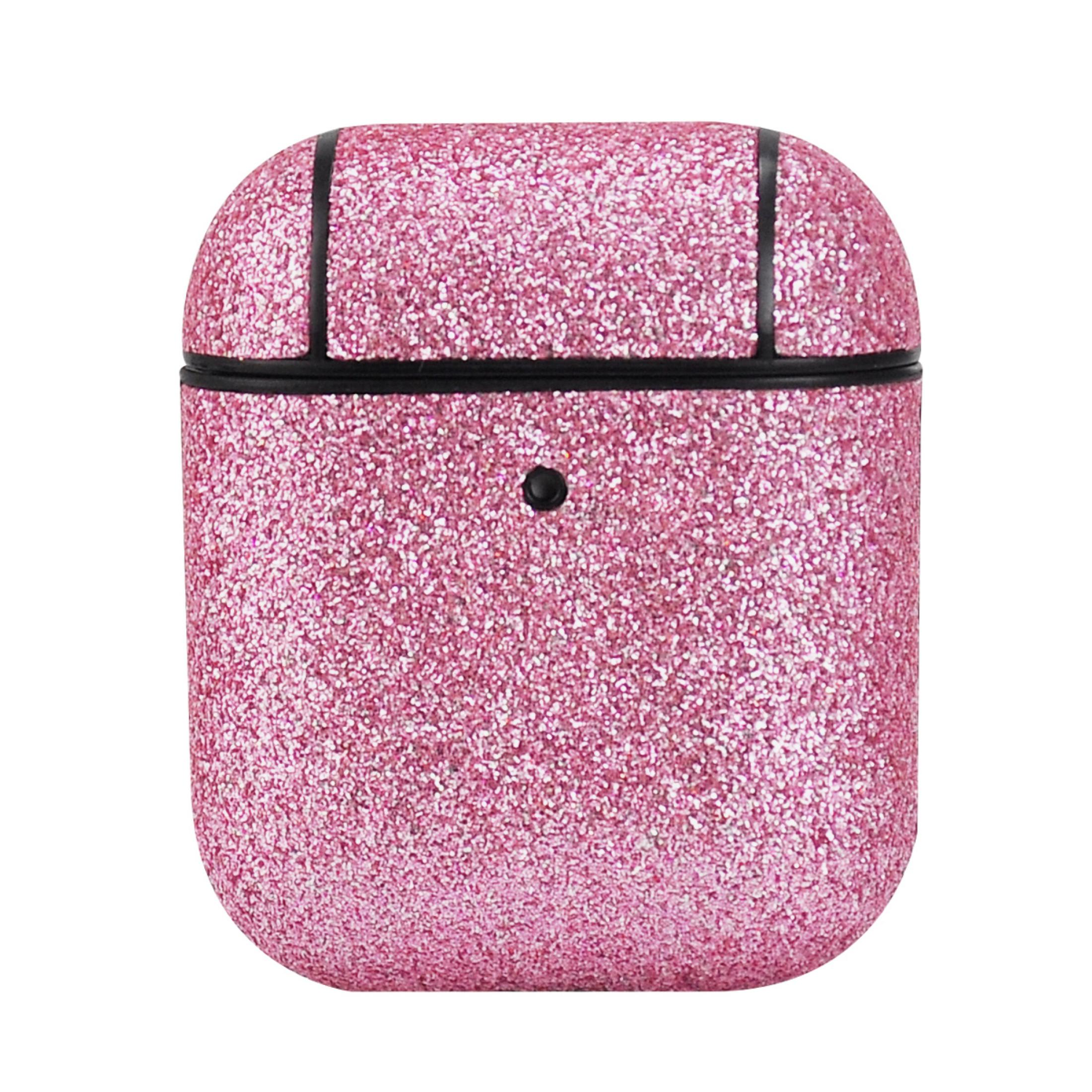 Rosa glitzerndes AirPods-Etui. Das Etui hat einen schwarzen Rahmen und Knopf.