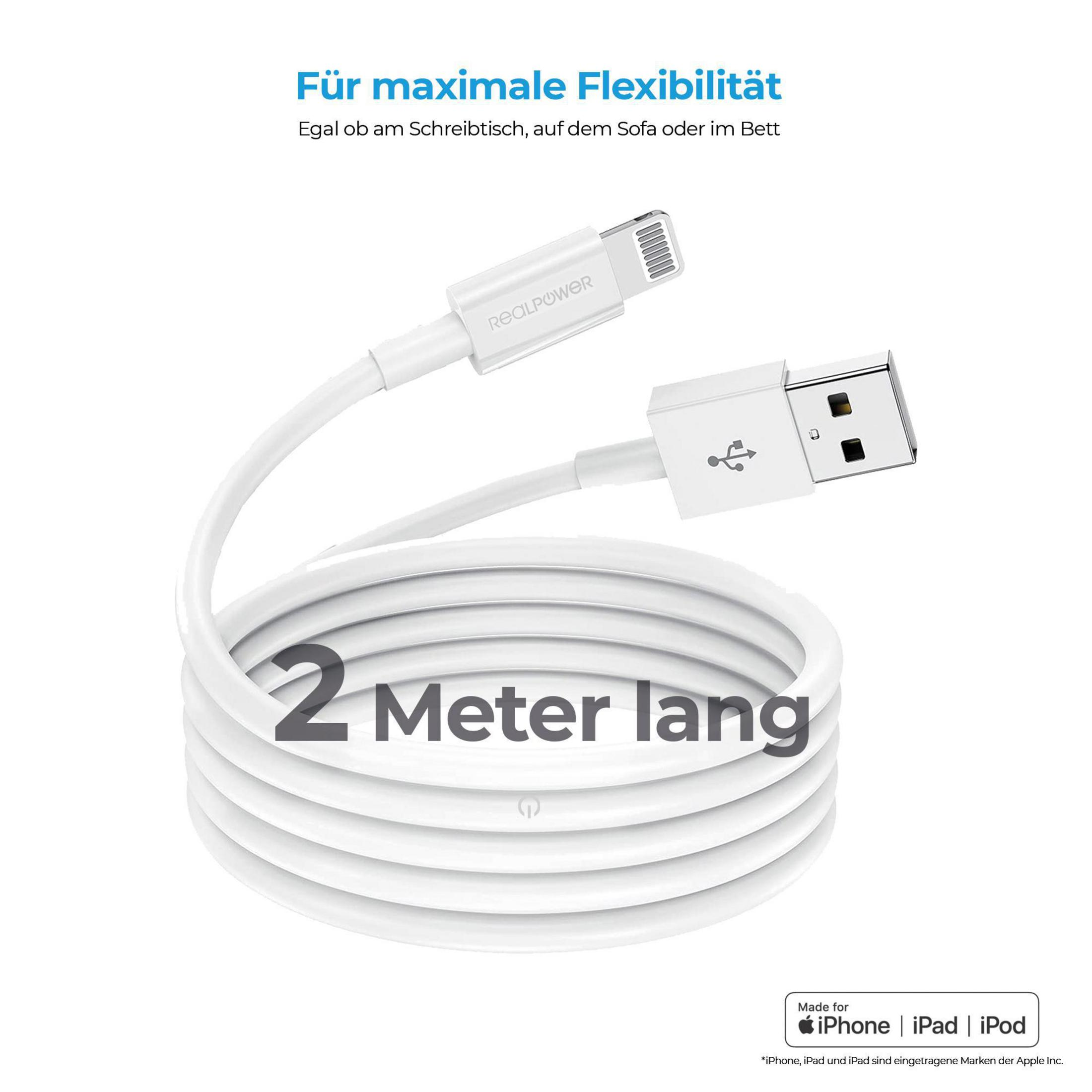 Weißes Ladekabel mit USB-Anschluss, Lightning-Anschluss und Text auf weißem Hintergrund.