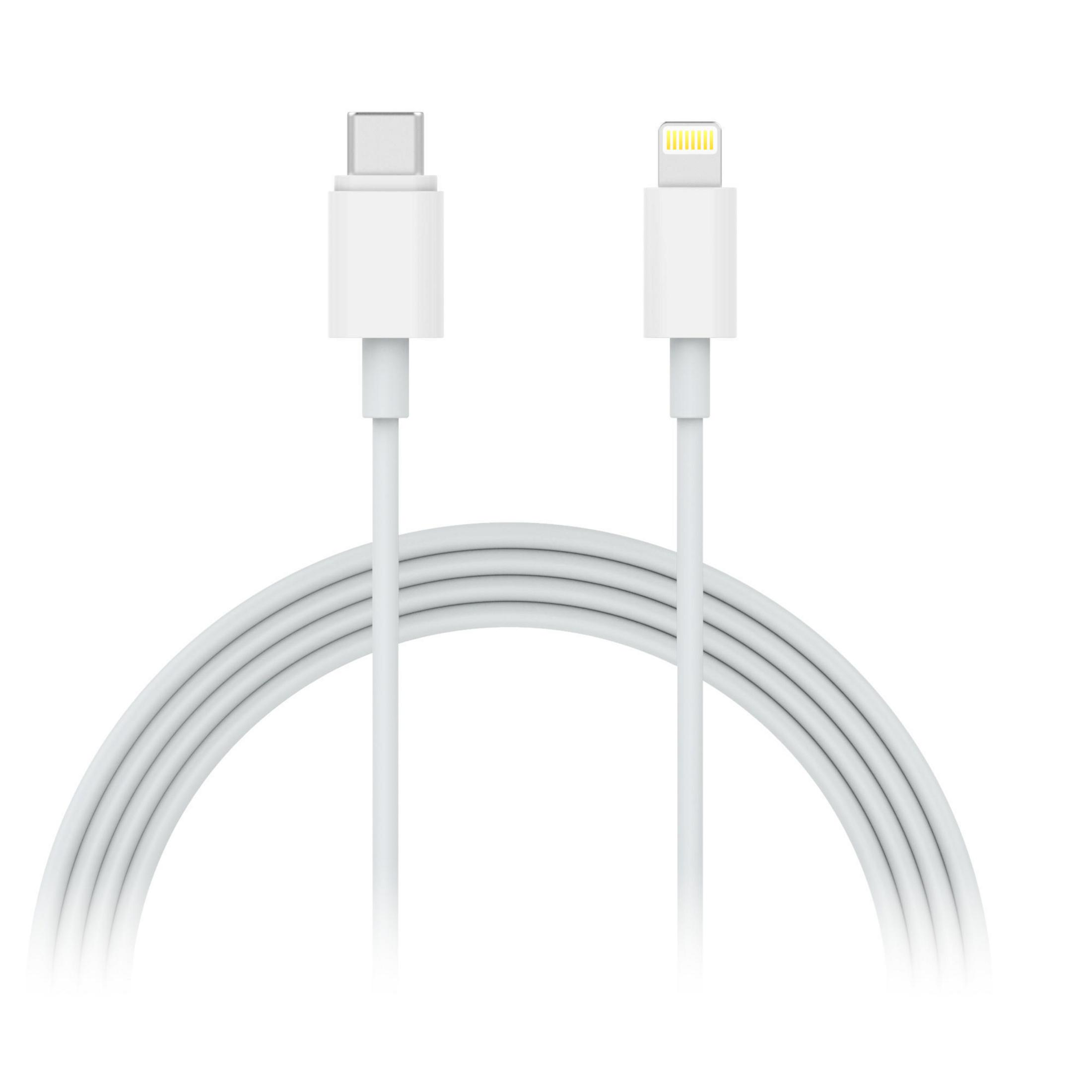 Ein weißes Kabel mit einem USB-C- und einem Lightning-Anschluss. Das Kabel befindet sich auf weißem Hintergrund.