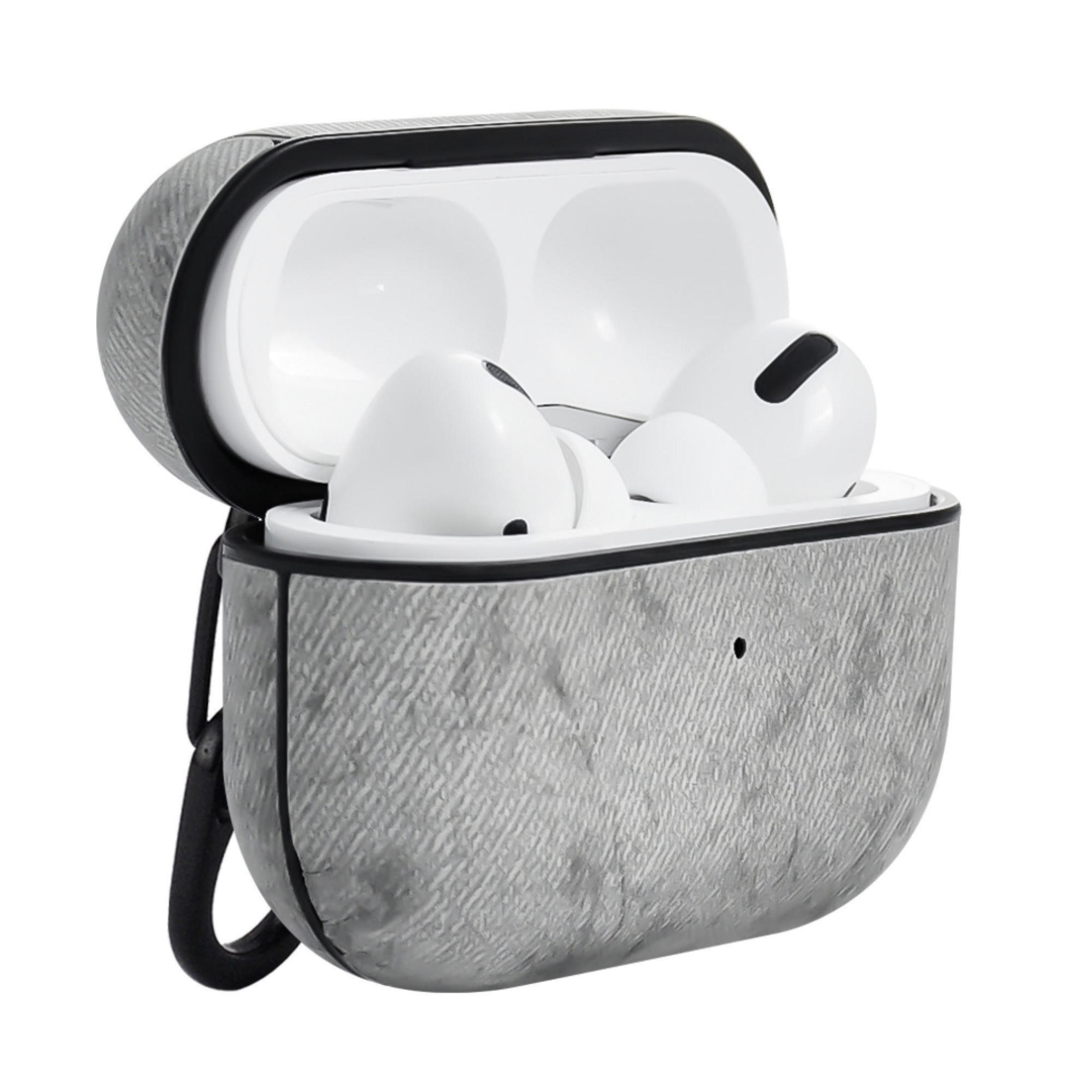 AirPods Pro in einer Hülle mit Jeans-Textur, offen. Weiße Ohrhörer sind sichtbar.