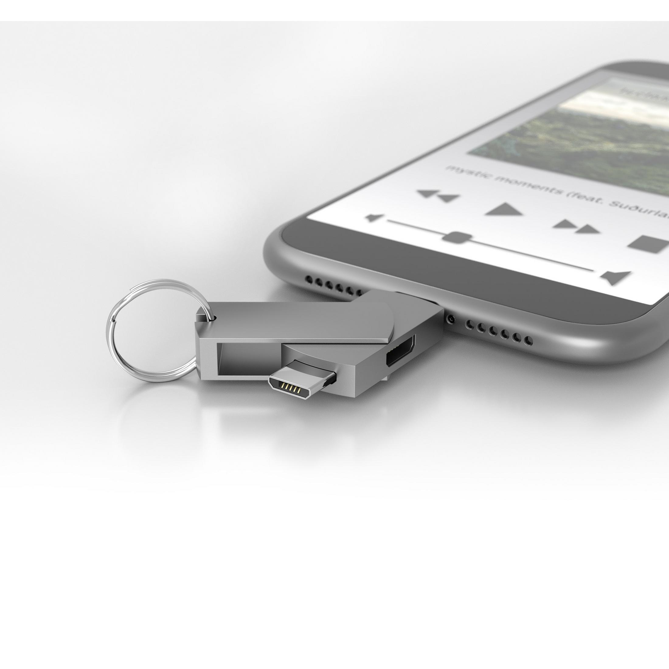 USB-C- und USB-Adapter, verbunden mit Smartphone, das Musik anzeigt.