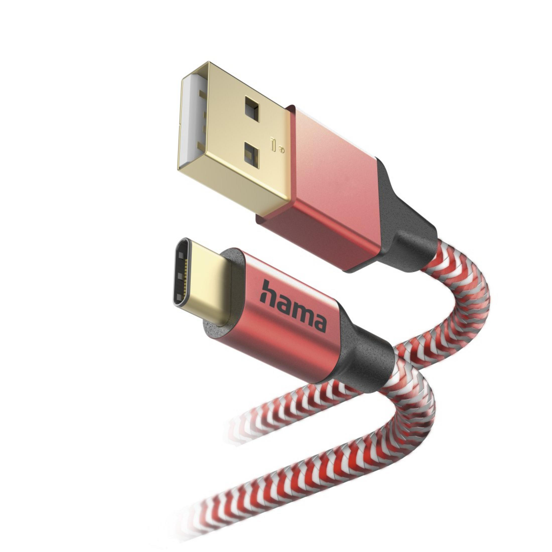 Cavo USB-C a USB rosso e bianco. Connettori dorati, cavo rosso a strisce bianche.