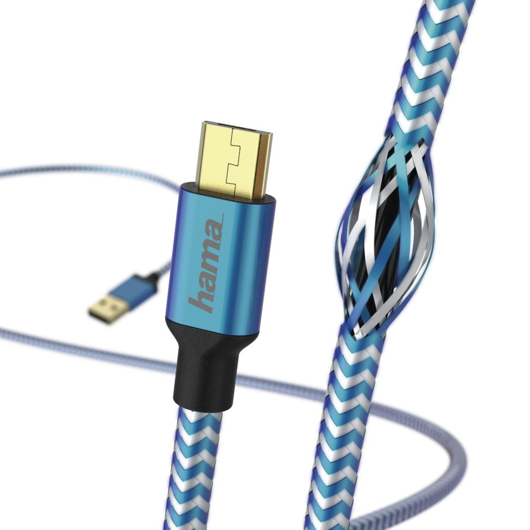 Kabel USB-C z niebiesko-białym zygzakowatym wzorem na białym tle.