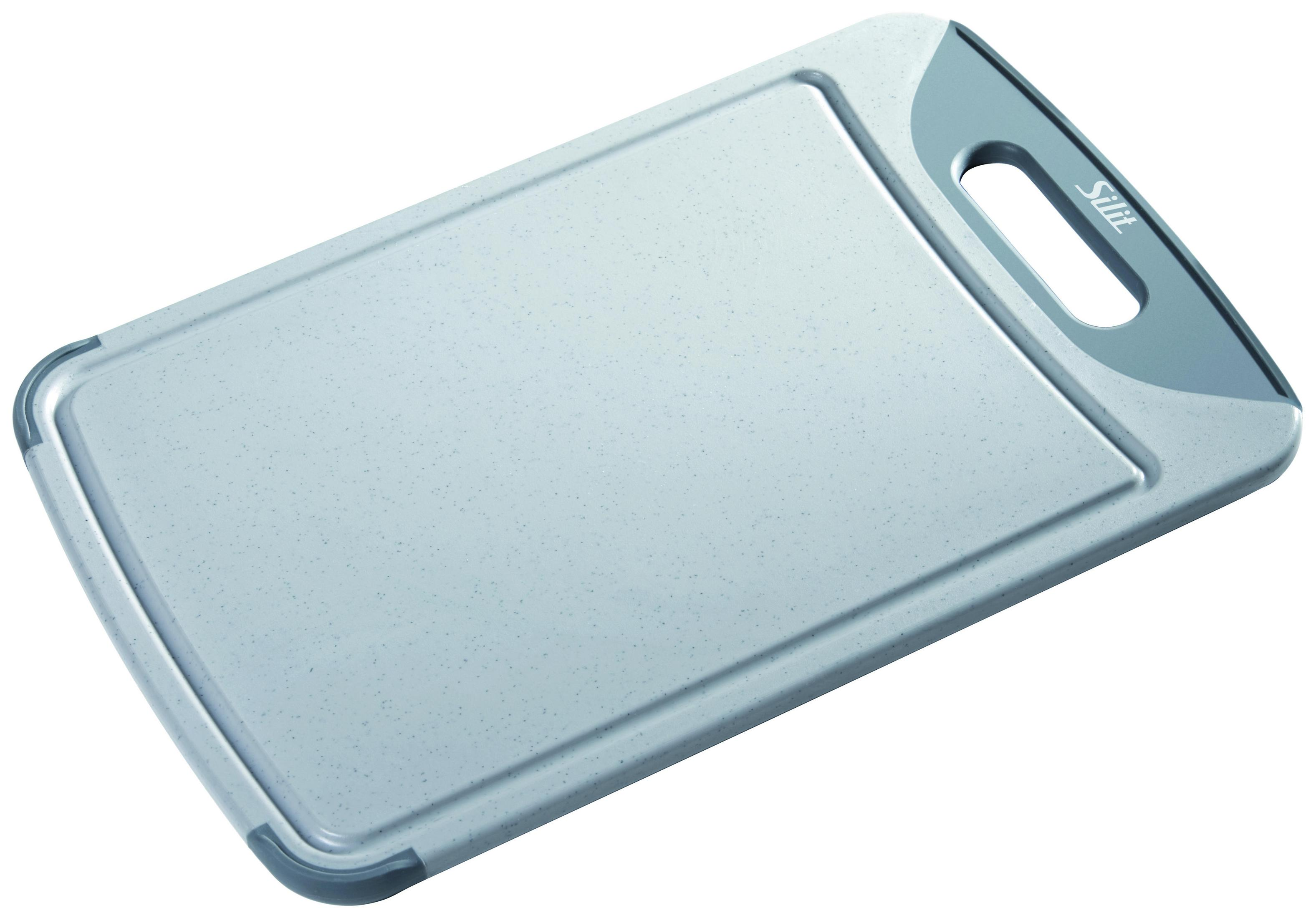 Rechteckiges, hellgraues Schneidebrett mit Griff und dunkelgrauem Rand.