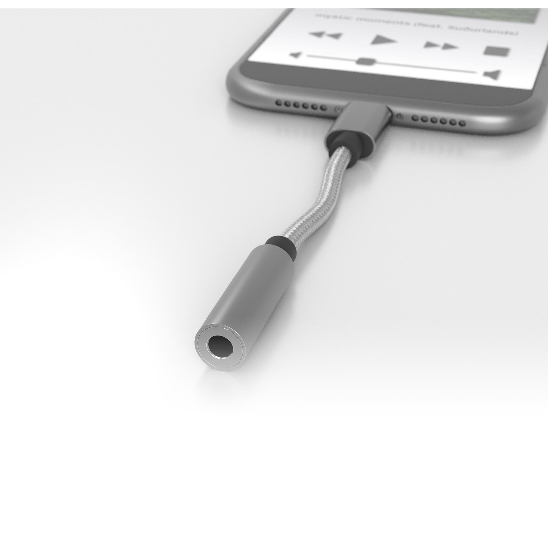 Telefon mit grauem Adapter, der an einem silbernen Kabel angeschlossen ist.