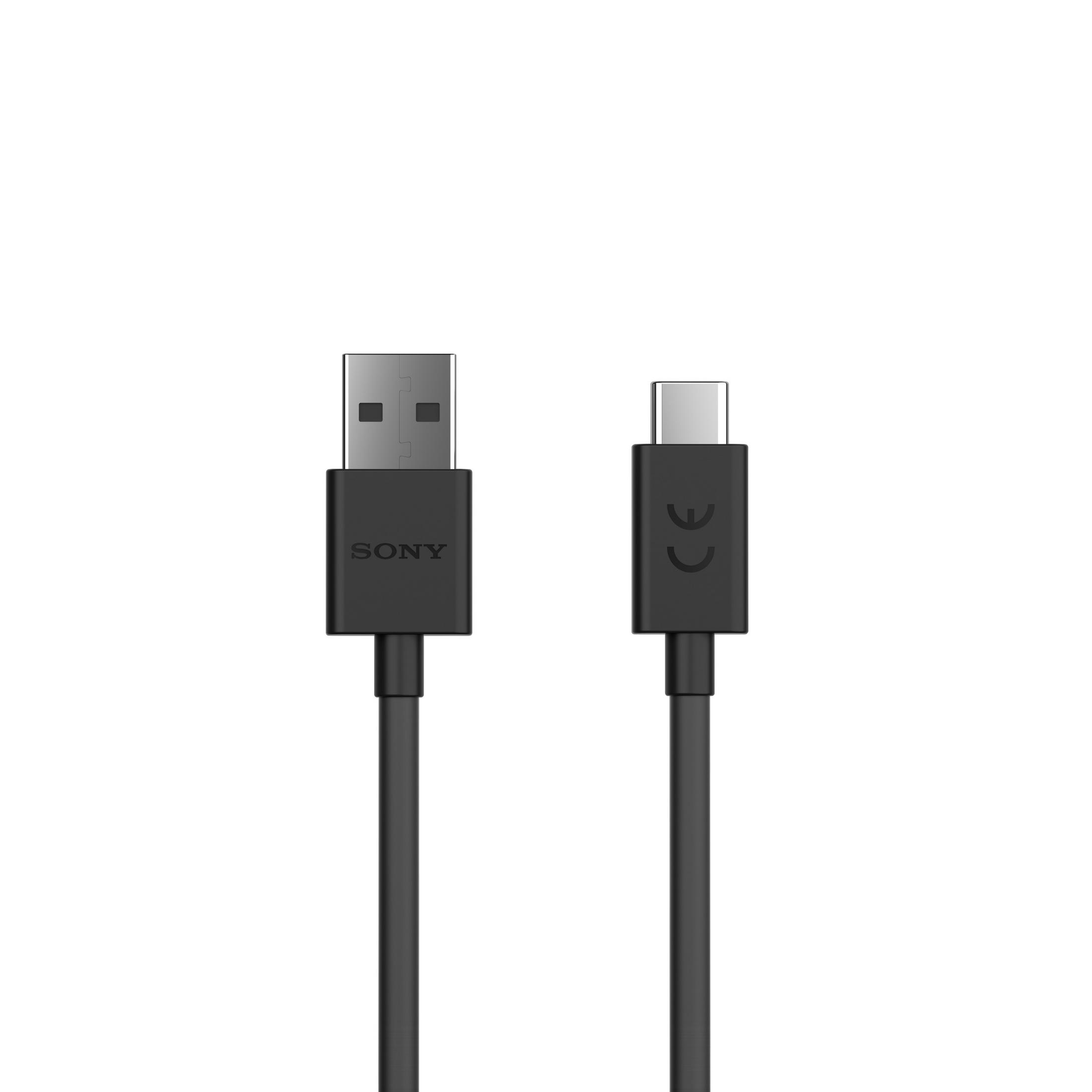 Schwarzes USB-zu-USB-C-Ladekabel mit Sony-Logo.
