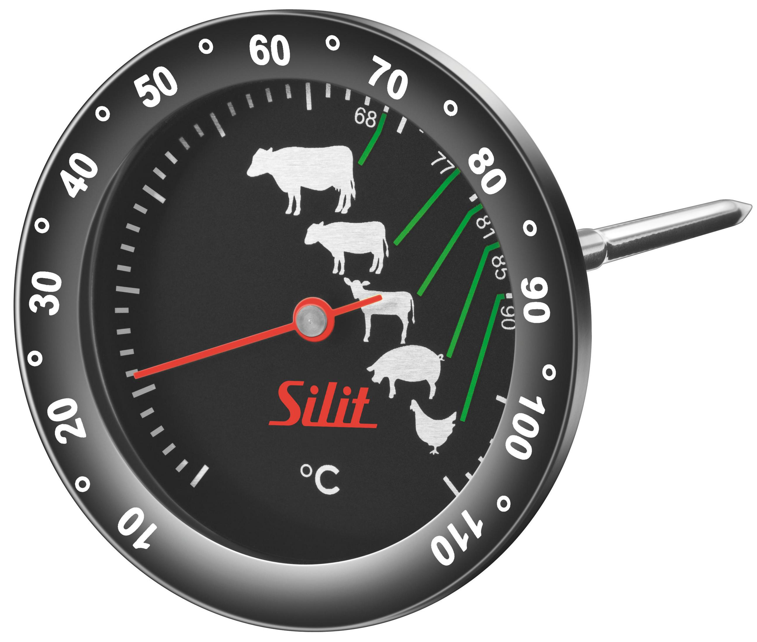 Ein schwarzes Fleischthermometer, das die Temperaturstufen für Rind, Schwein und Huhn anzeigt.