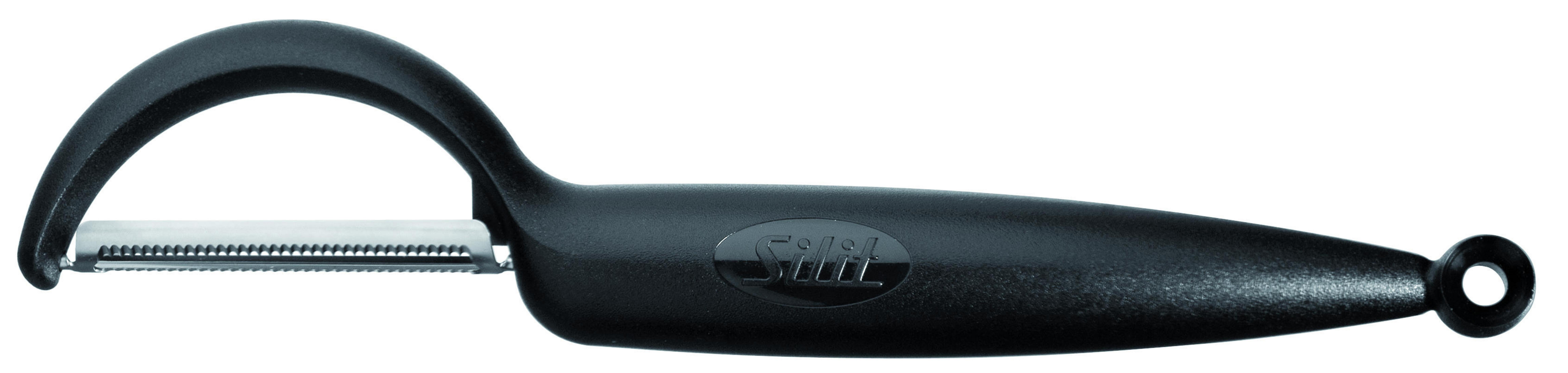 Schwarzer Schäler mit gebogenem Griff und silberner Klinge.
