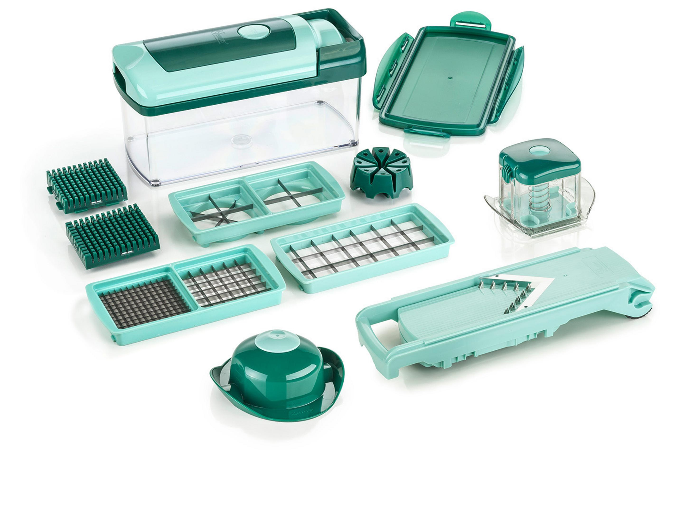 Grünes Küchenutensilien-Set. Inklusive Chopper, Slicer und mehr.
