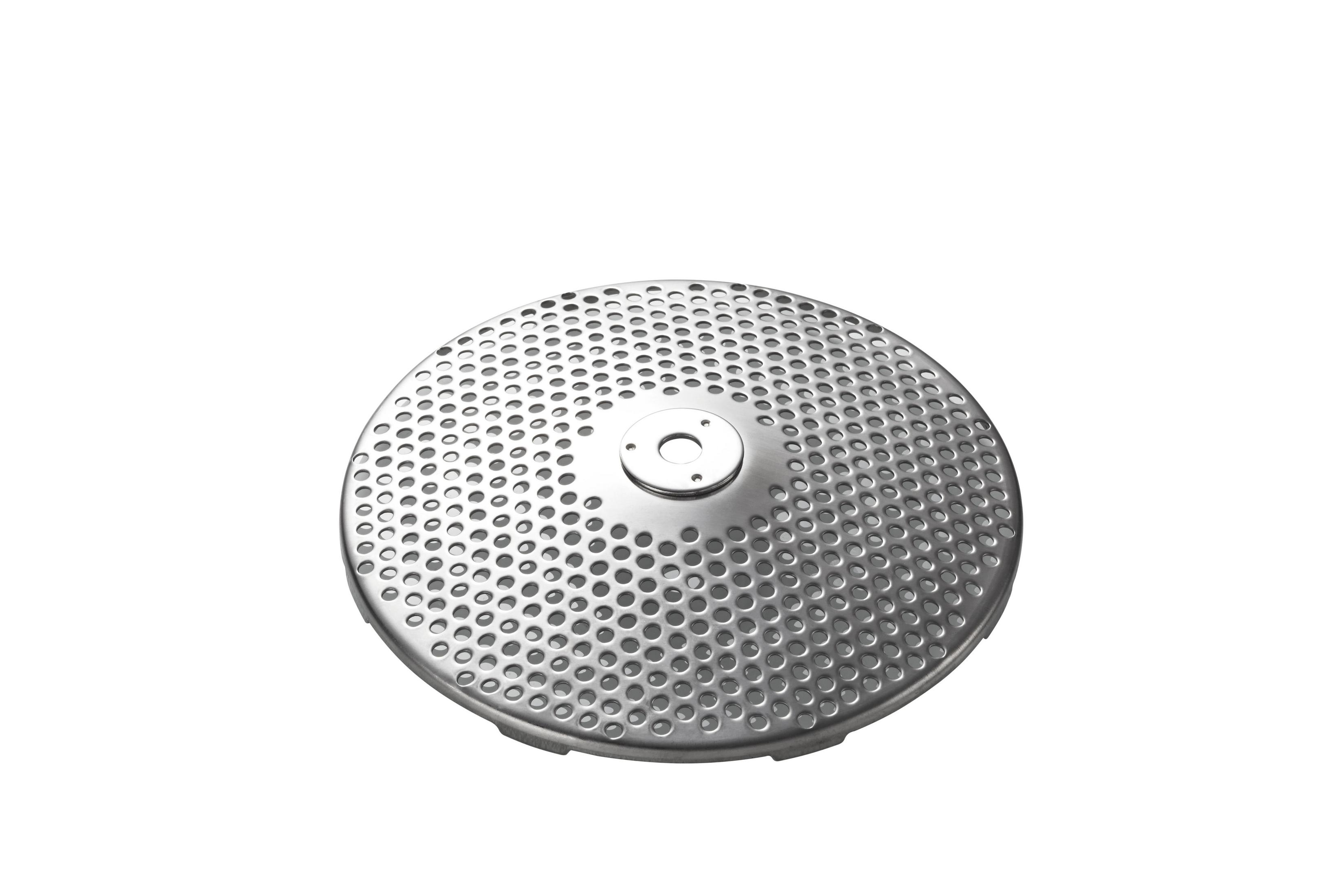 Eine perforierte Metallplatte mit vielen kleinen Löchern, von oben betrachtet.