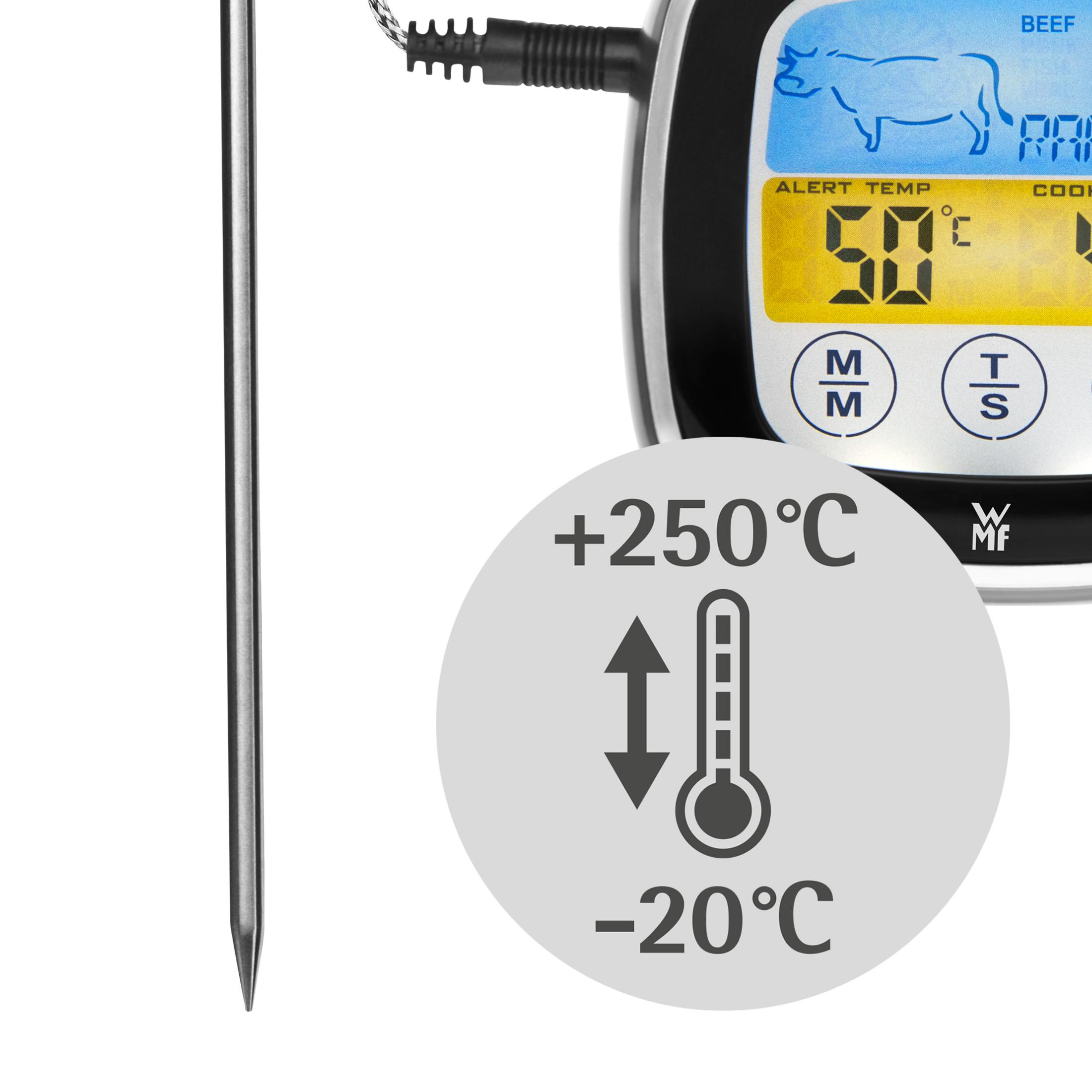 Digitales Lebensmitteltemperaturmessgerät mit Temperaturanzeige von 50 Grad Celsius und Sonde.