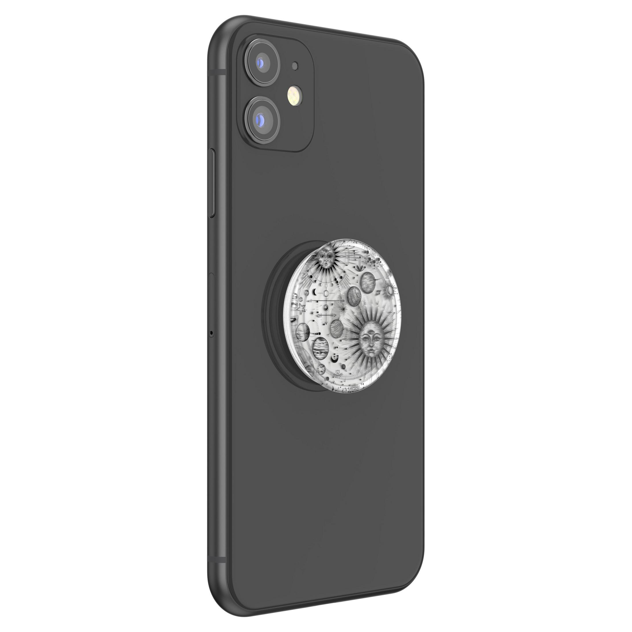 Schwarzes iPhone mit einem Handy-Griff auf der Rückseite mit Sonnen- und Mond-Design.