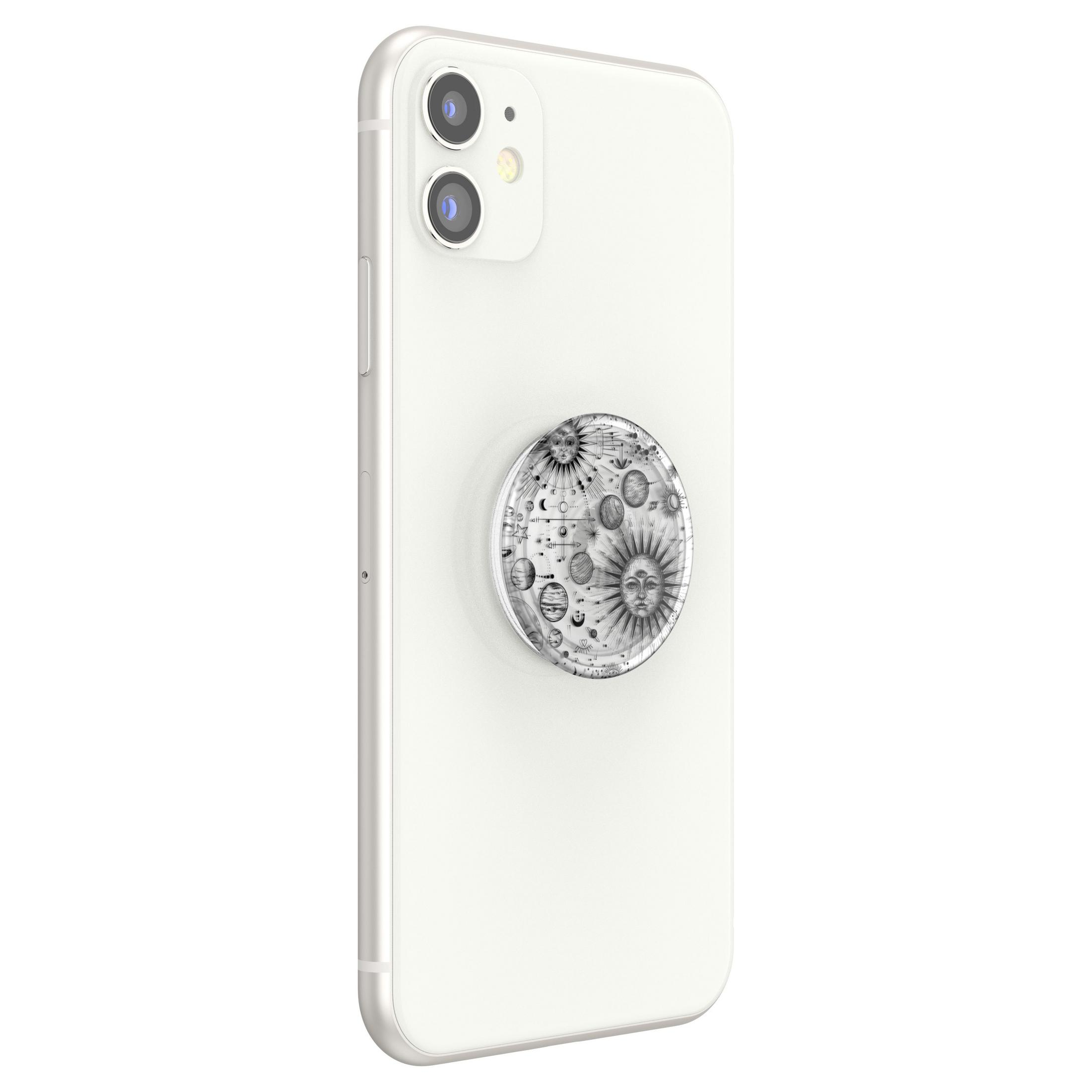 Weißes Telefon mit einem PopSocket mit Sonnen- und Monddesign. Das Telefon befindet sich auf weißem Hintergrund.