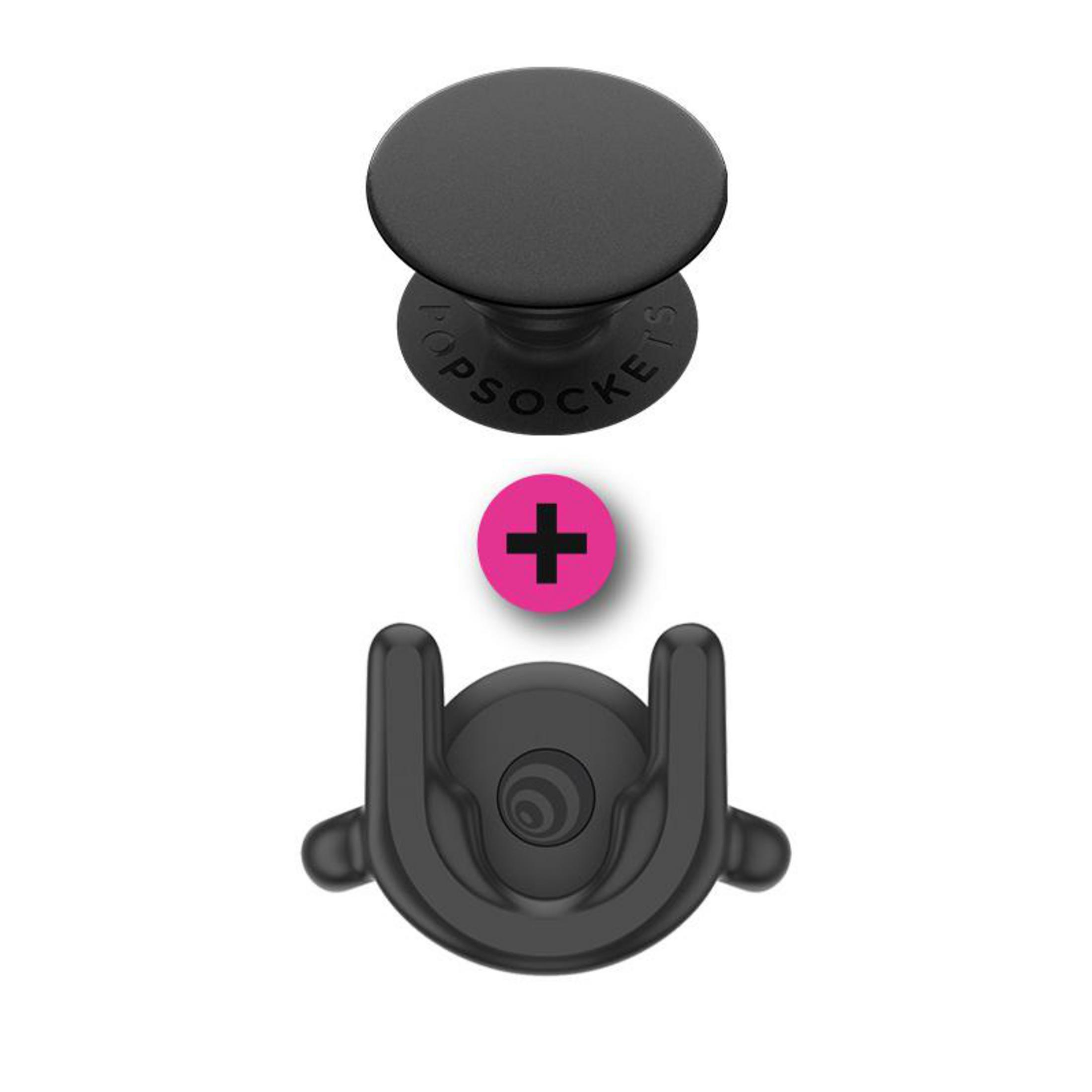 Schwarzer PopSockets-Griff und Telefonhalter. Enthält den PopSockets-Griff und eine Telefonhalterung.