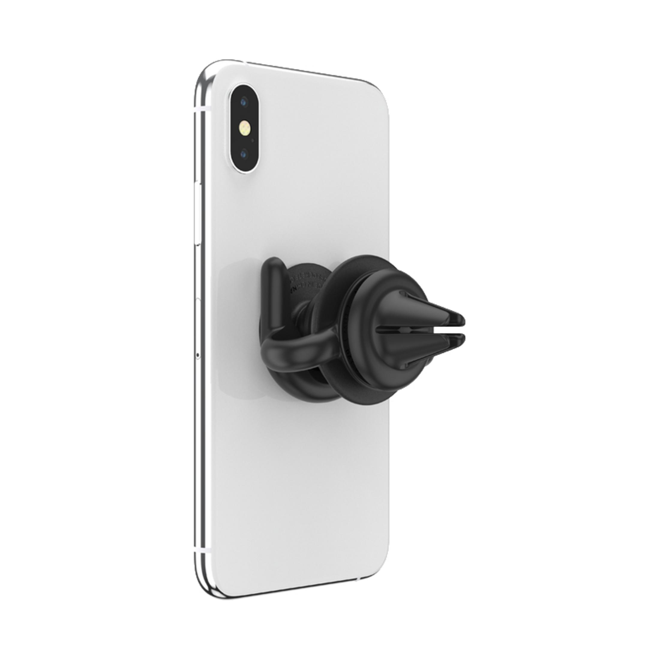 Schwarzer Telefonhalter an einem weißen Telefon, auf weißem Grund.