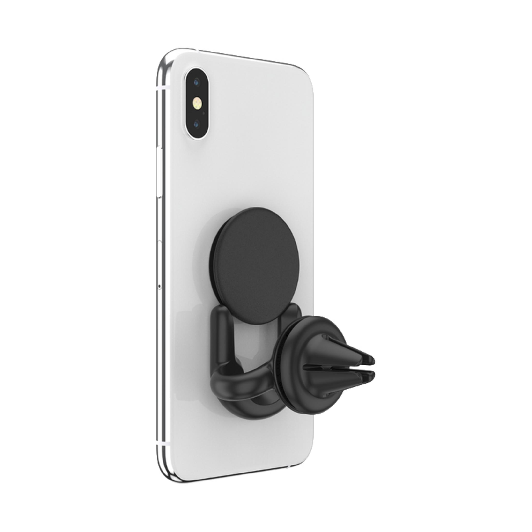 Schwarzer Telefonhalter an Telefon und Lüftung befestigt.