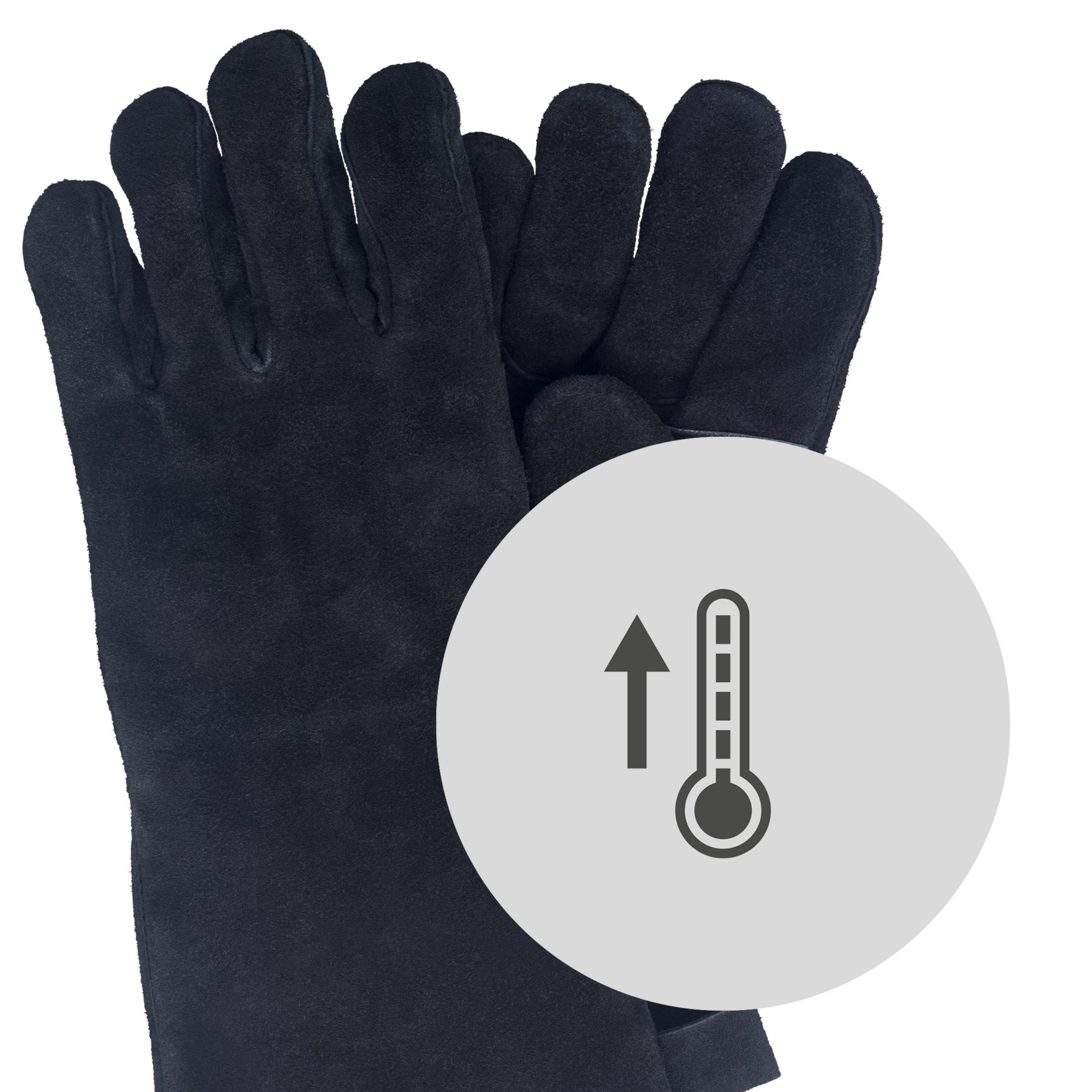 Schwarze hitzebeständige Handschuhe mit Thermometer-Symbol, das Hitzebeständigkeit anzeigt, auf weißem Hintergrund.