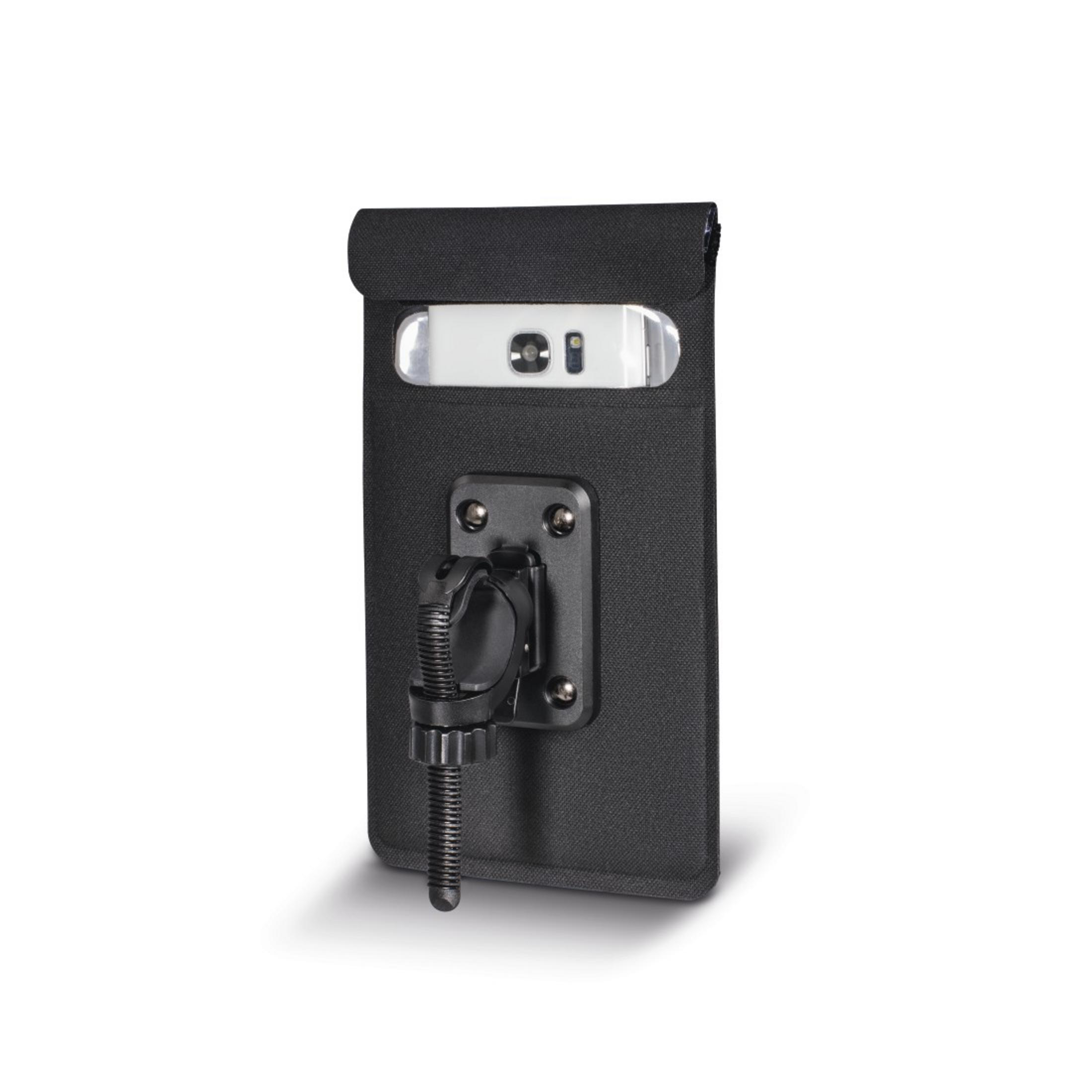 Czarne etui na telefon z telefonem w środku, zamontowane na uchwycie.