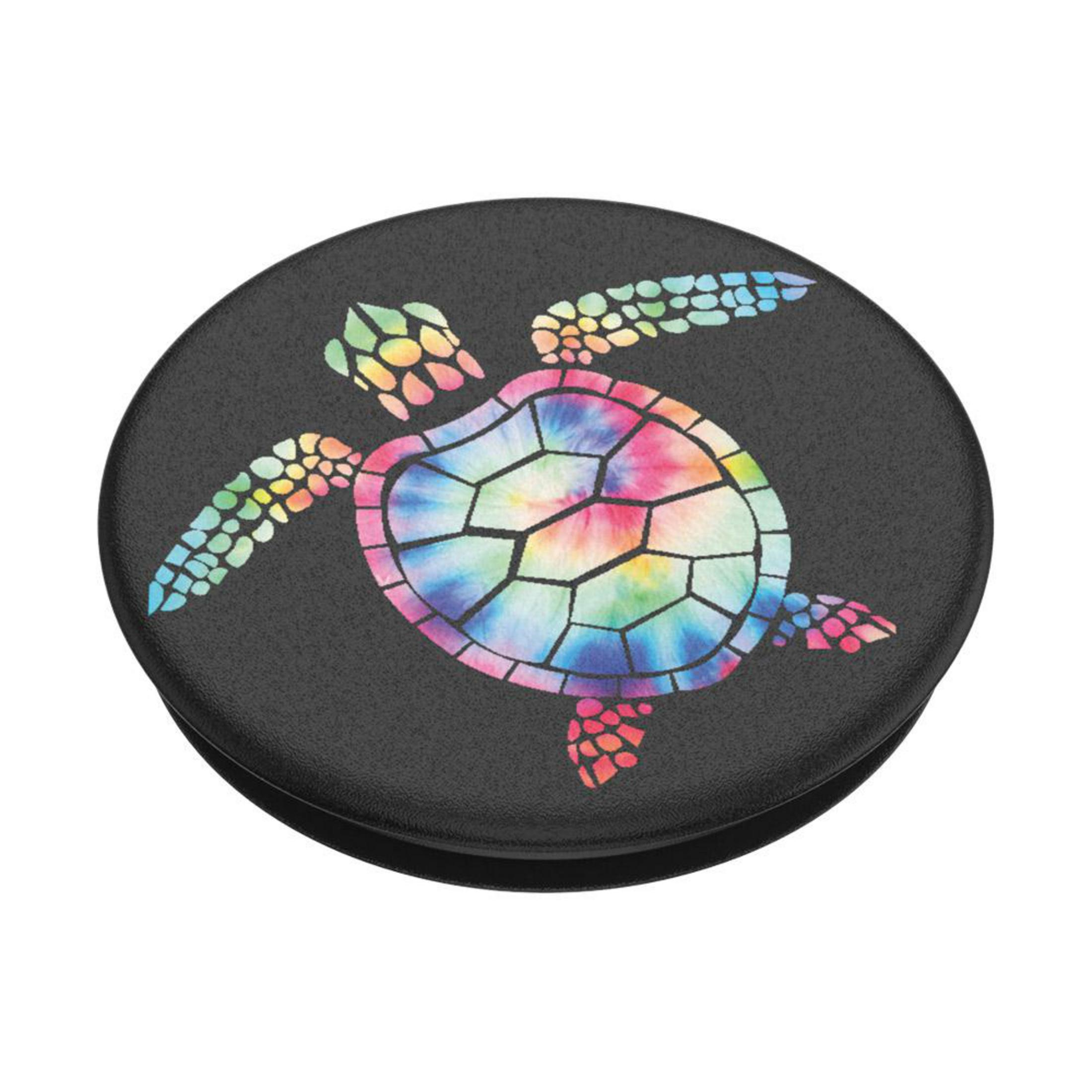 Schwarzer PopSocket mit buntem Batik-Schildkröten-Design.