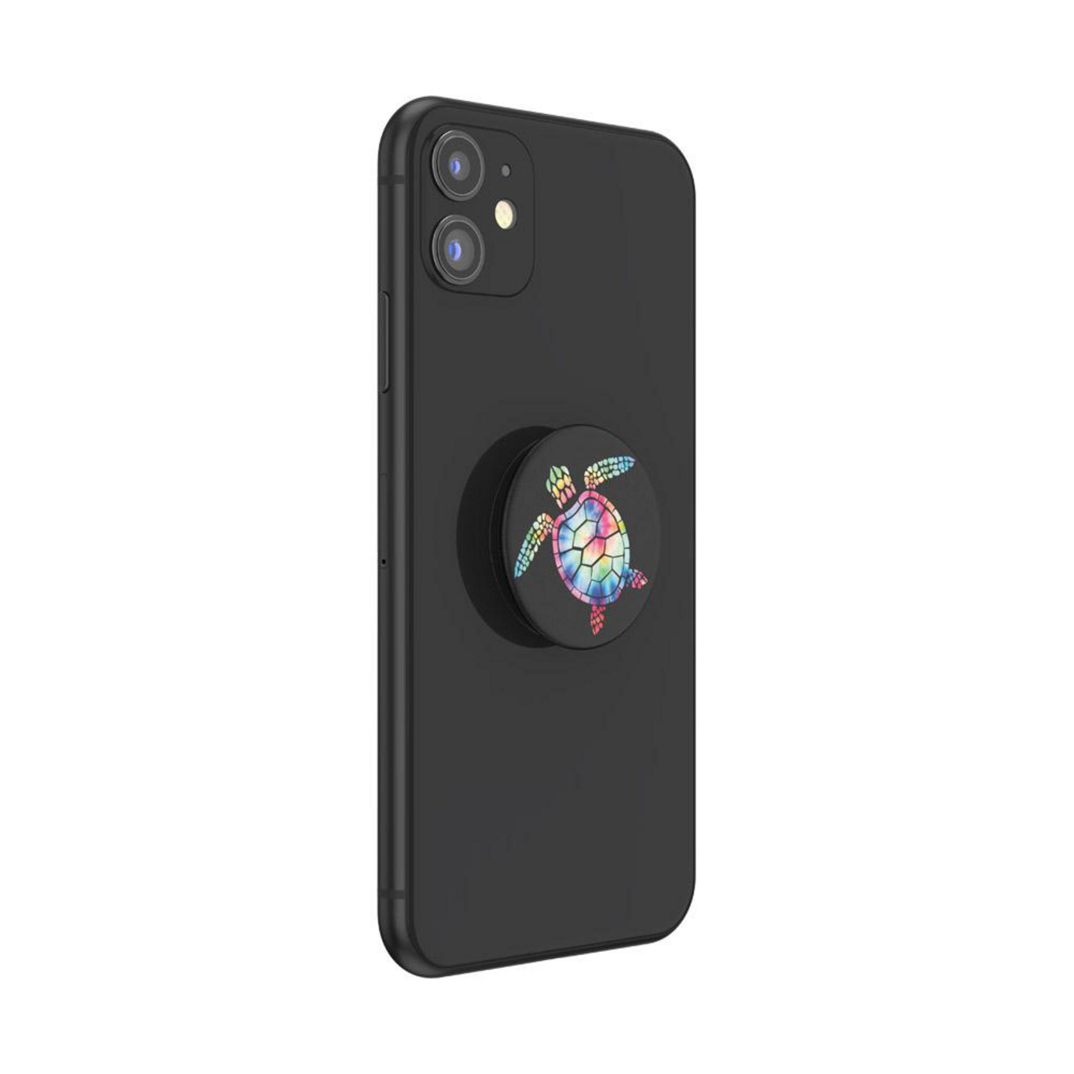 Schwarzes Telefon mit einem Pop-Socket mit einer bunten Schildkröte darauf.