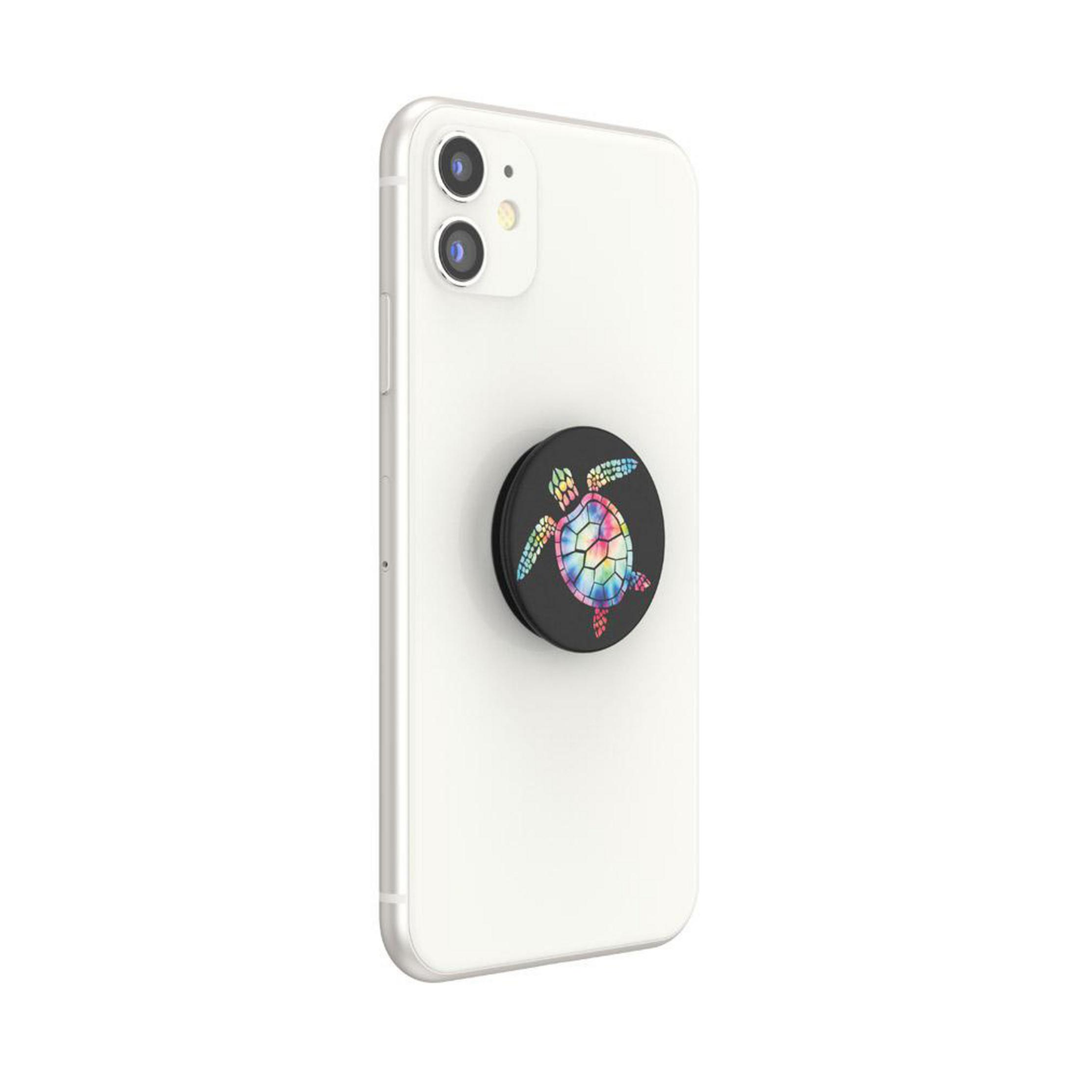 Weißes Smartphone mit einem Pop-Socket mit einem bunten Schildkröten-Design.