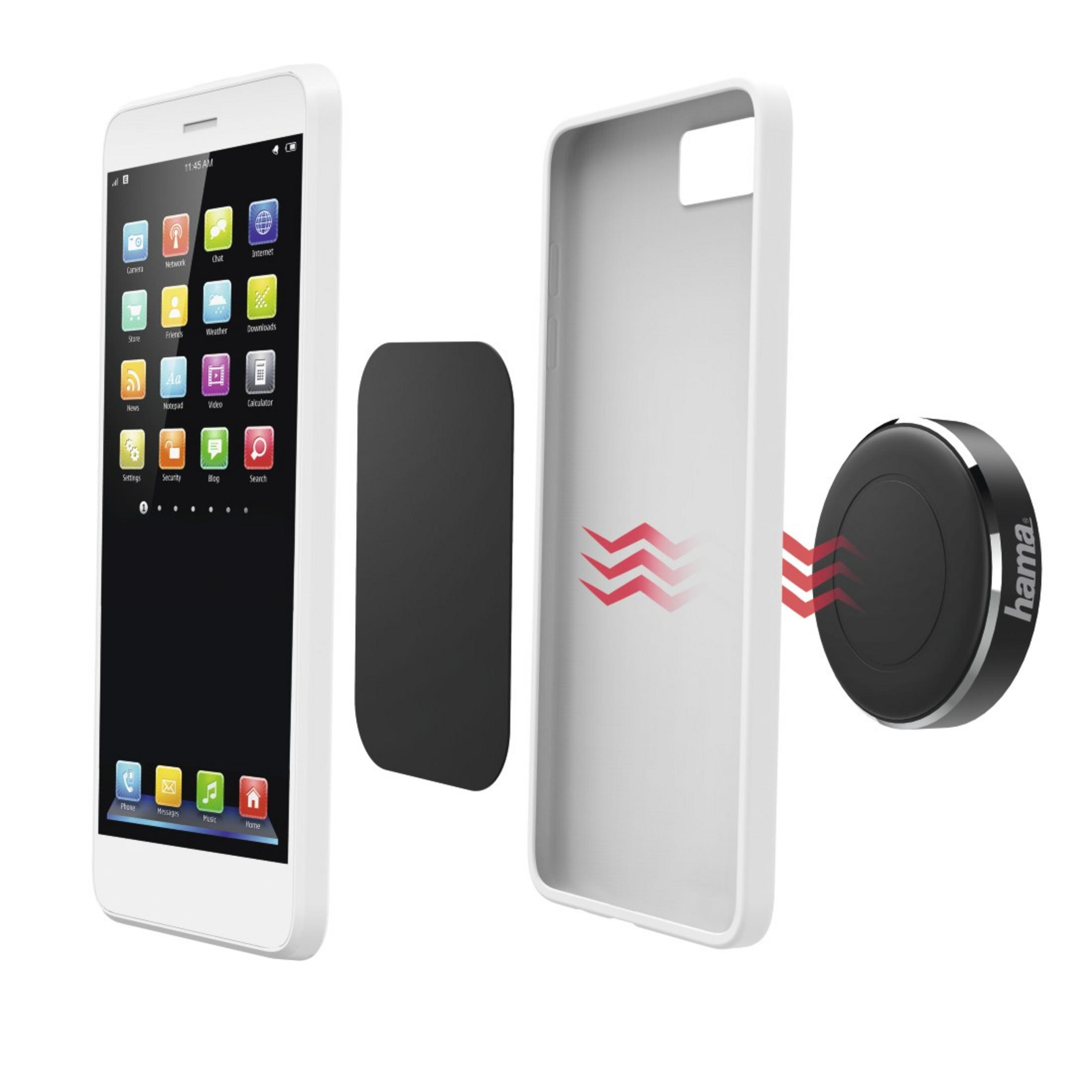 Telefon komórkowy, etui i uchwyt magnetyczny. Czerwone linie wskazują przyciąganie magnetyczne.