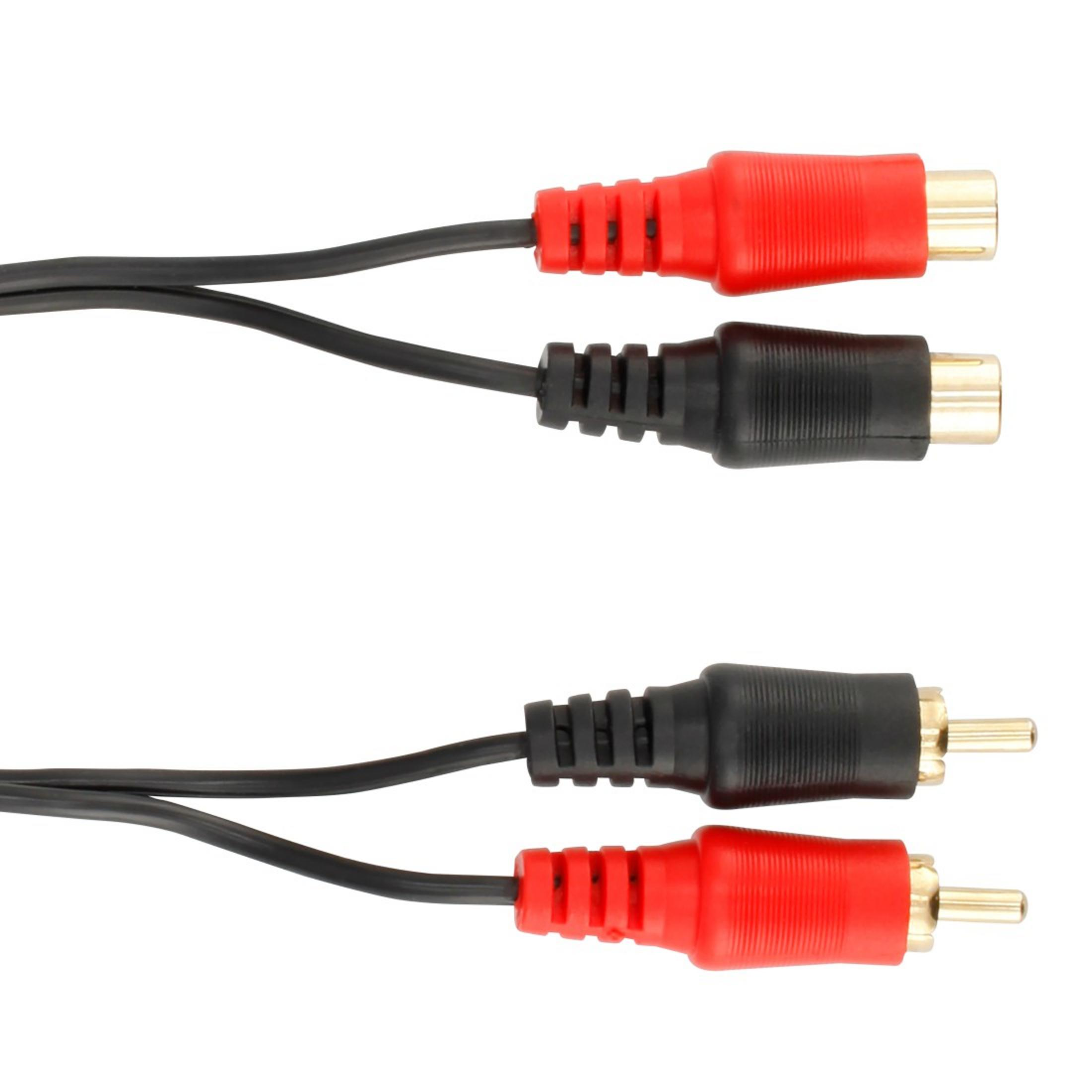 Zwei Cinch-Audiokabel. Jedes hat einen schwarzen und einen roten Stecker. Weißer Hintergrund.