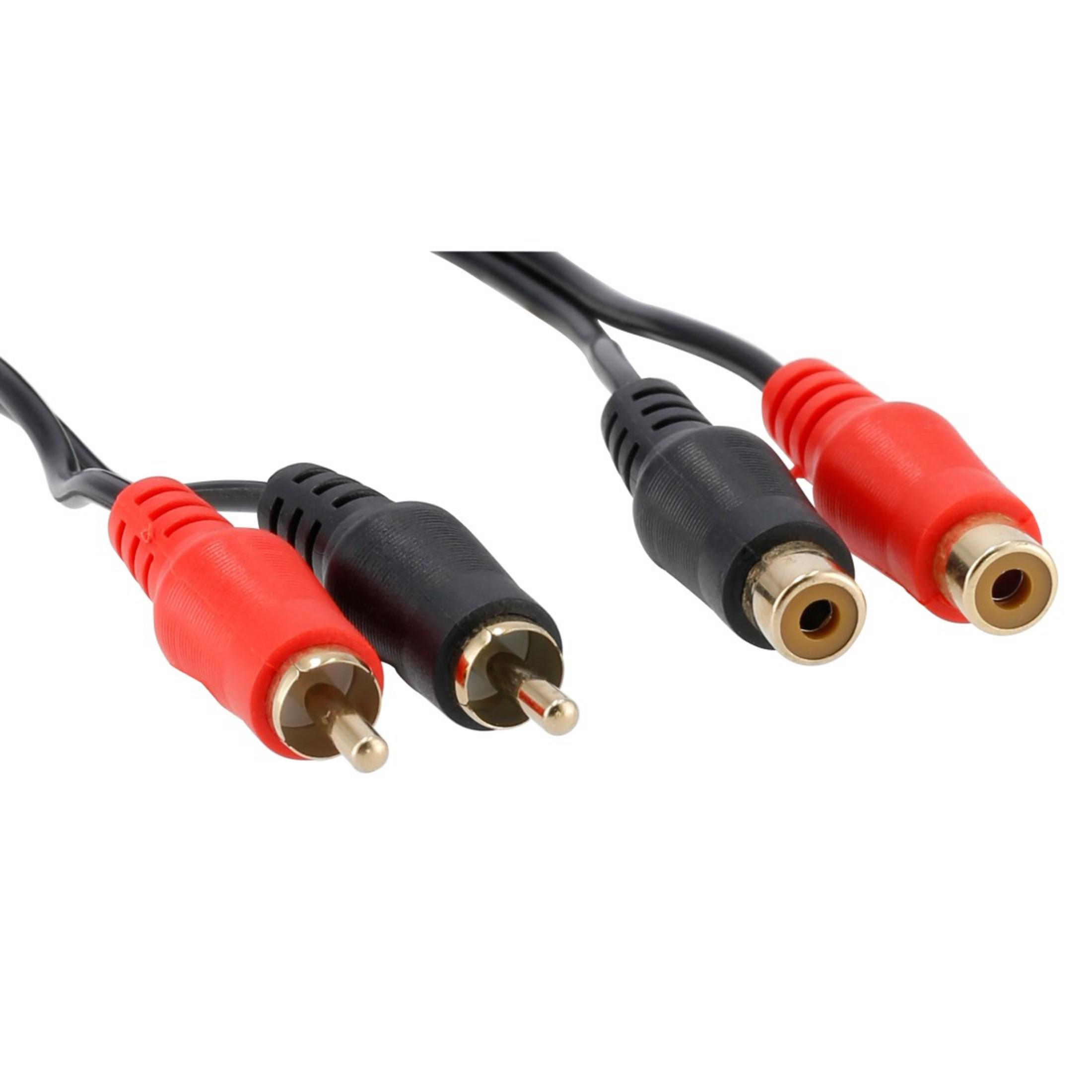 Zwei Audiokabel mit roten und schwarzen Steckern. Die Stecker sind vom Typ Cinch.
