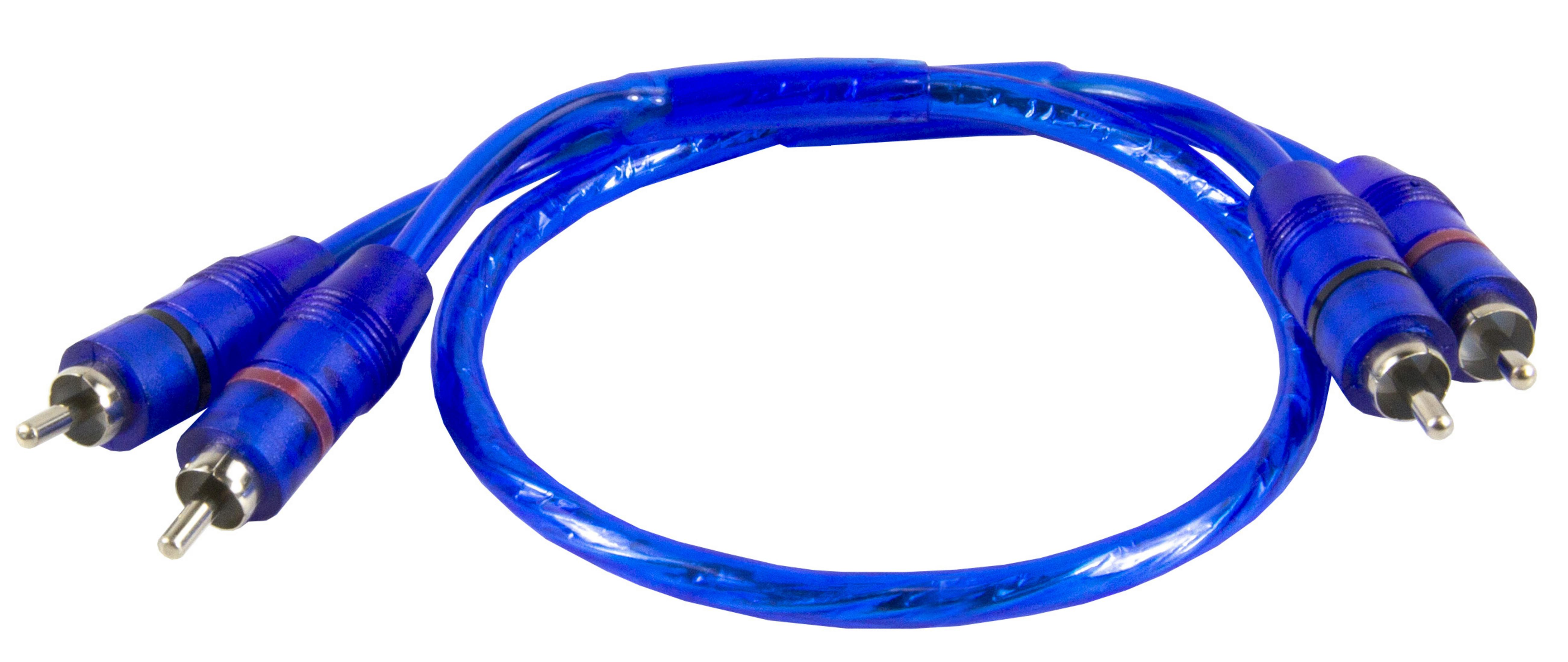 Blaue Audiokabel. Zwei Paare Cinch-Stecker, das Kabel bildet einen Kreis.