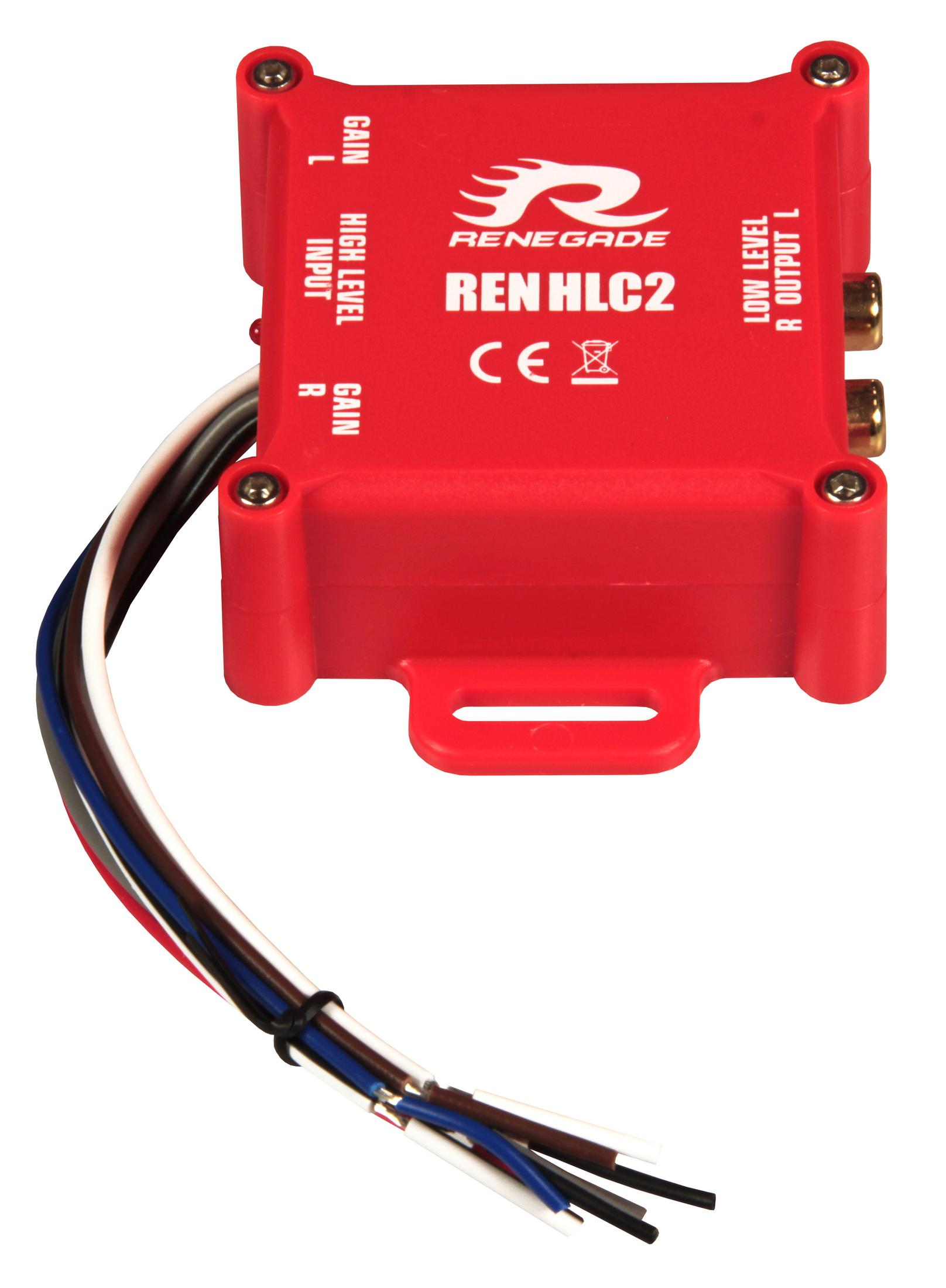 Ein roter Renegade HLC2 Audio-Konverter mit Eingangs- und Ausgangsanschlüssen und Kabeln.