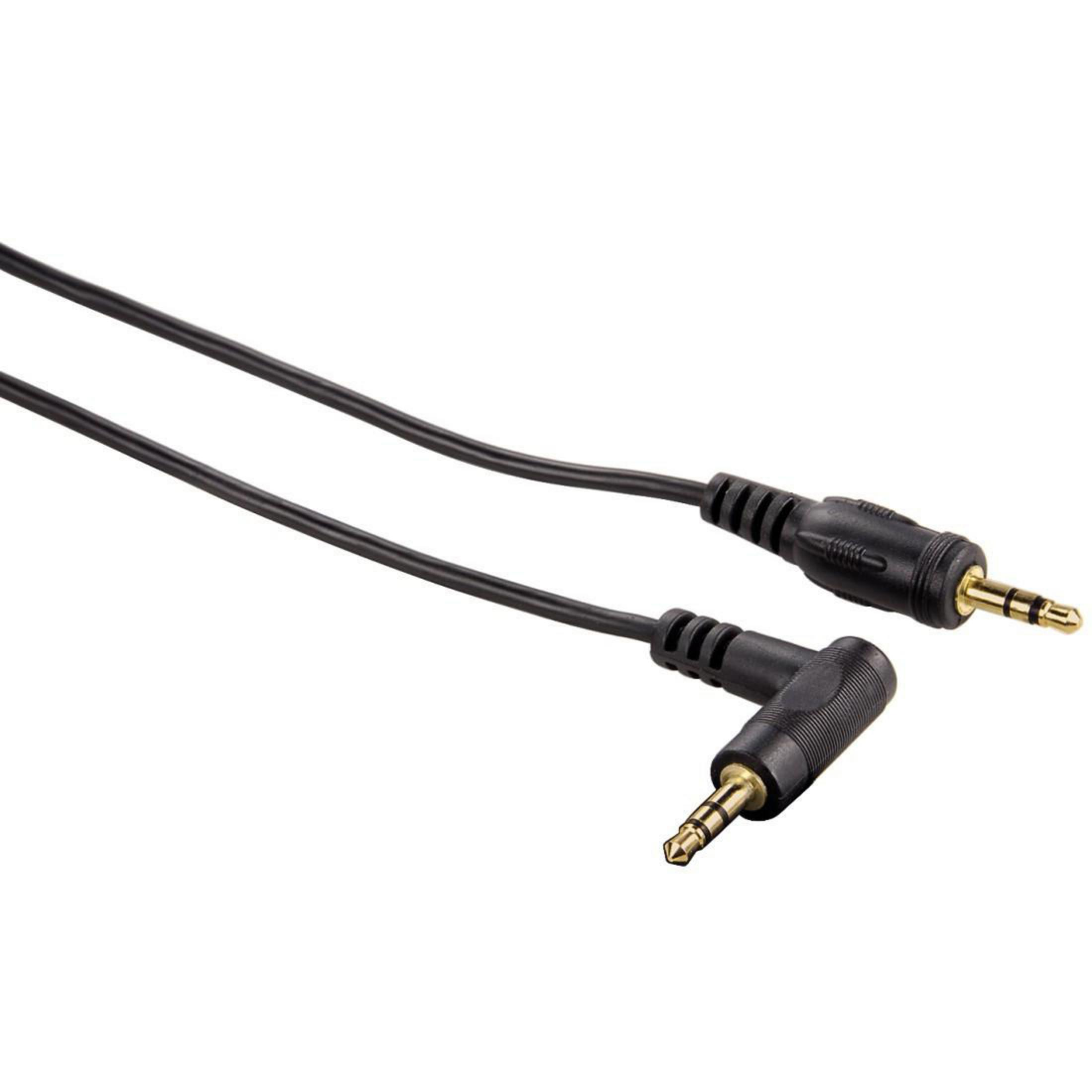 Ein schwarzes Audiokabel mit zwei 3,5-mm-Klinkensteckern, einer gerade und einer abgewinkelt.