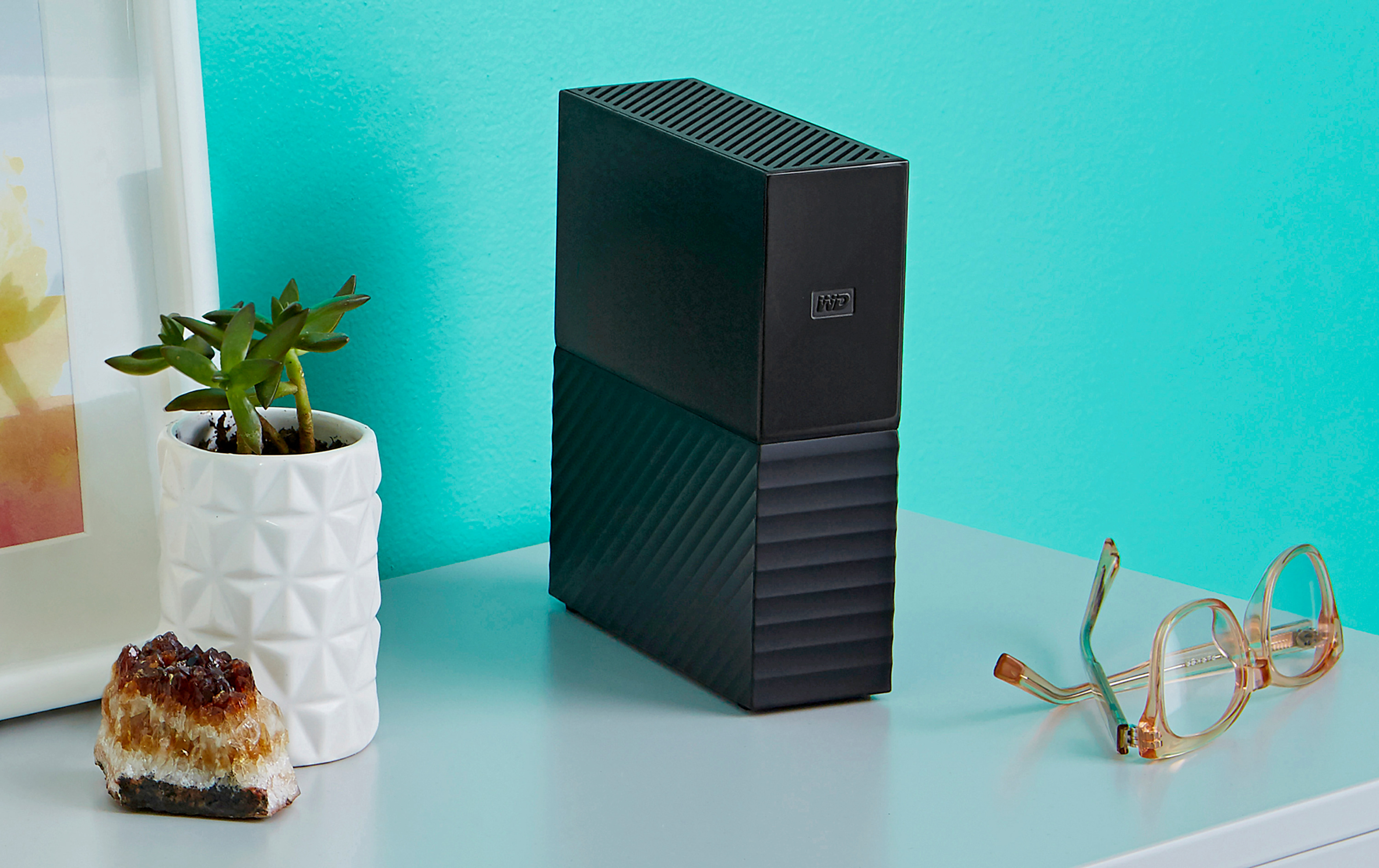 Czarny zewnętrzny dysk twardy z logo WD, obok małej rośliny, kamienia i okularów.