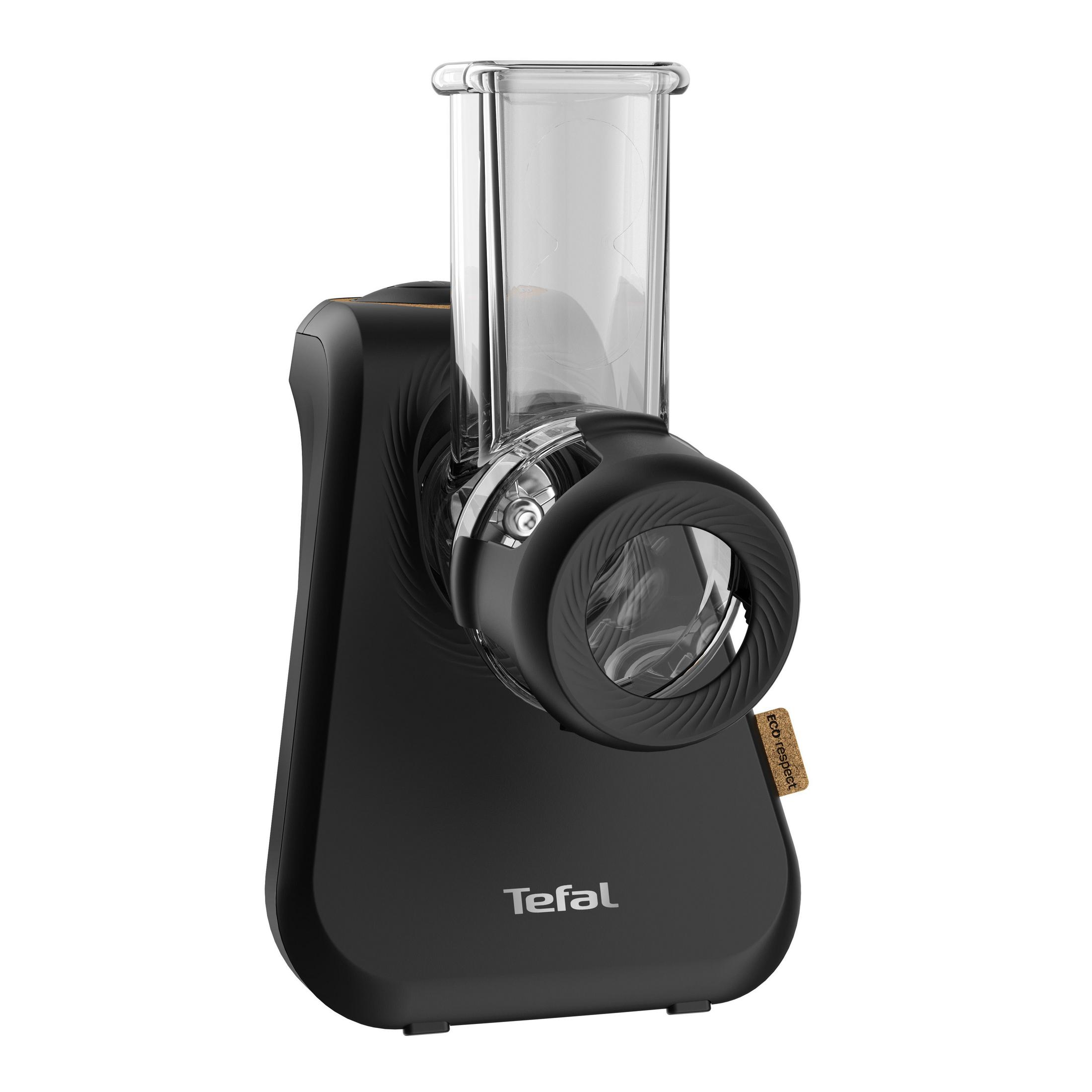 Ein schwarzer Tefal-Küchenroboter mit transparentem Behälter und schwarzem Griff.