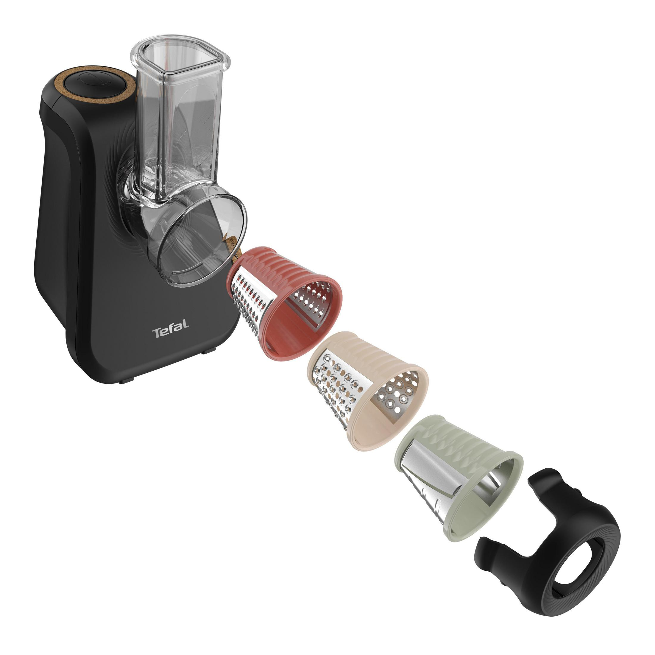 Schwarzer und goldener Küchenmixer, zerlegt. Enthält verschiedene Reibevorsätze in verschiedenen Farben.